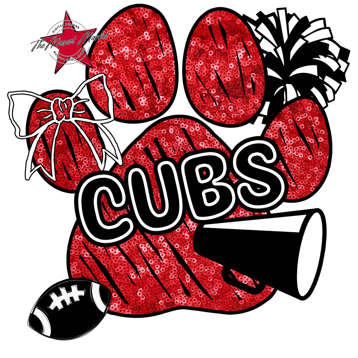 Cubs Sequins Paw Print Design-Red