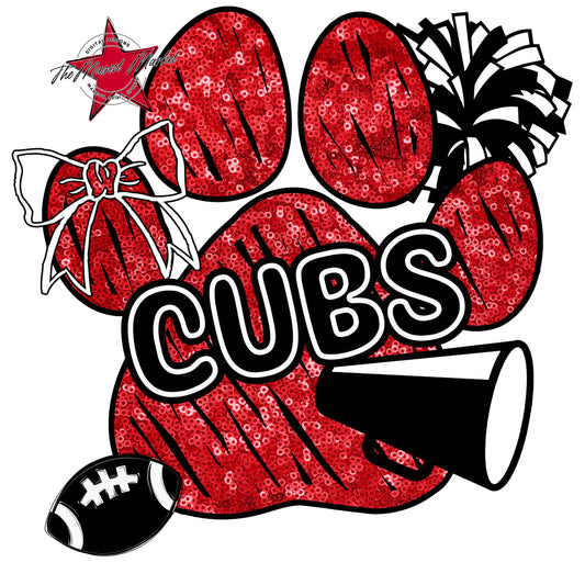Cubs Sequins Paw Print Design-Red