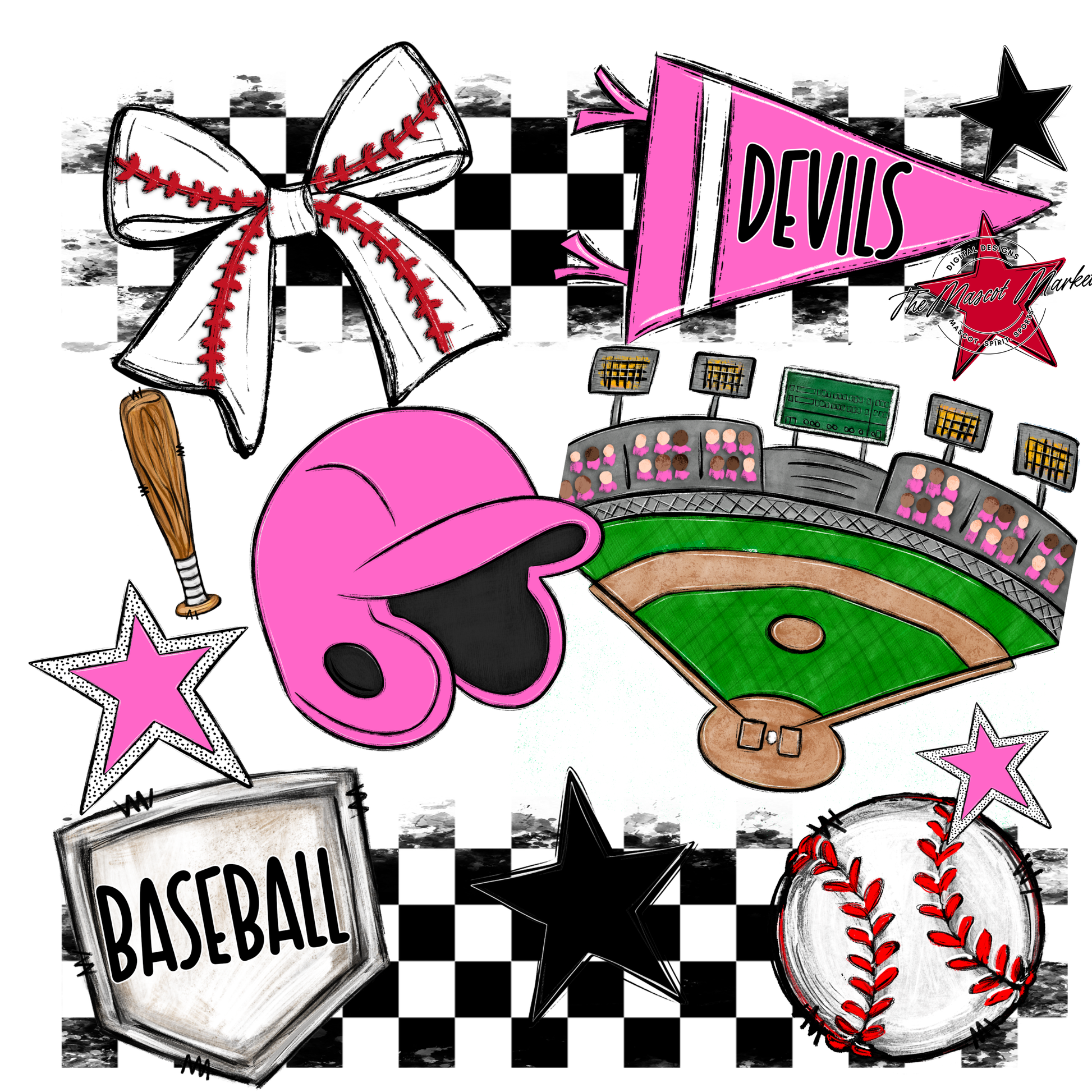Devils Checkers Baseball Spirit Design-Baby Pink