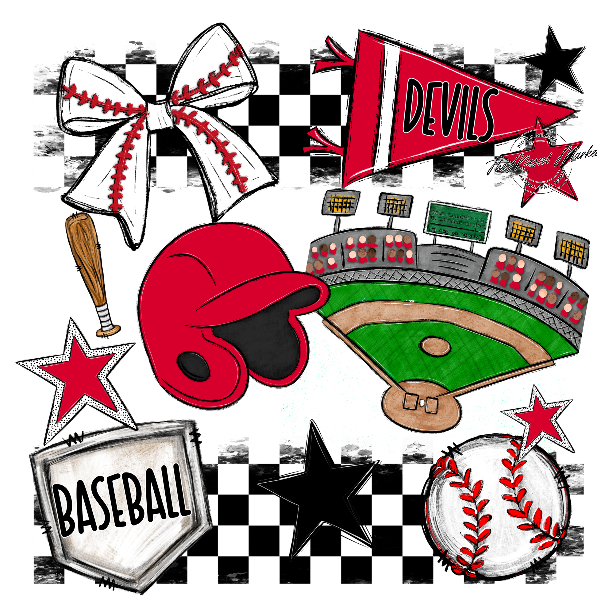 Devils Checkers Baseball Spirit Design-Red