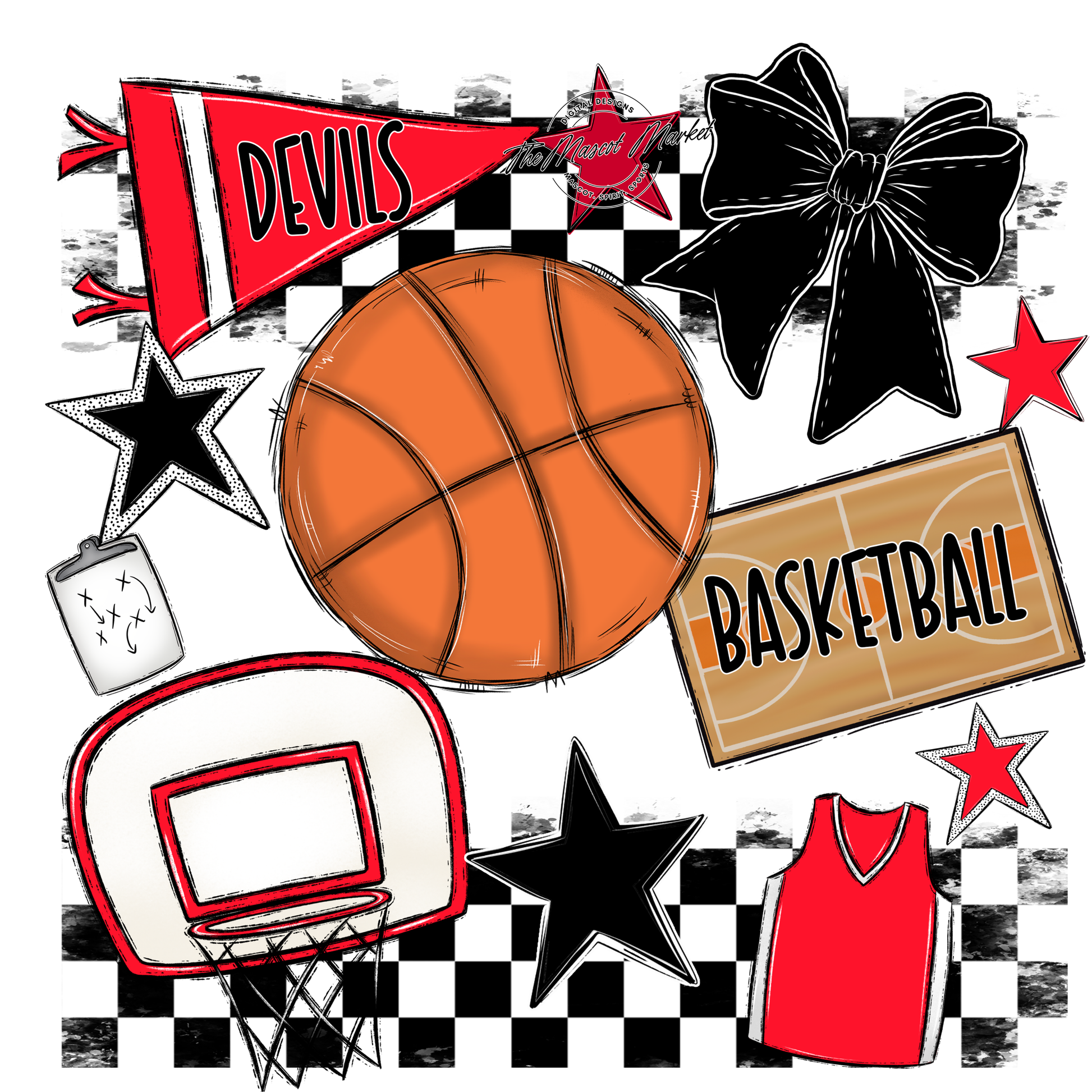 Devils Checkers Basketball Spirit Design-Bright Red