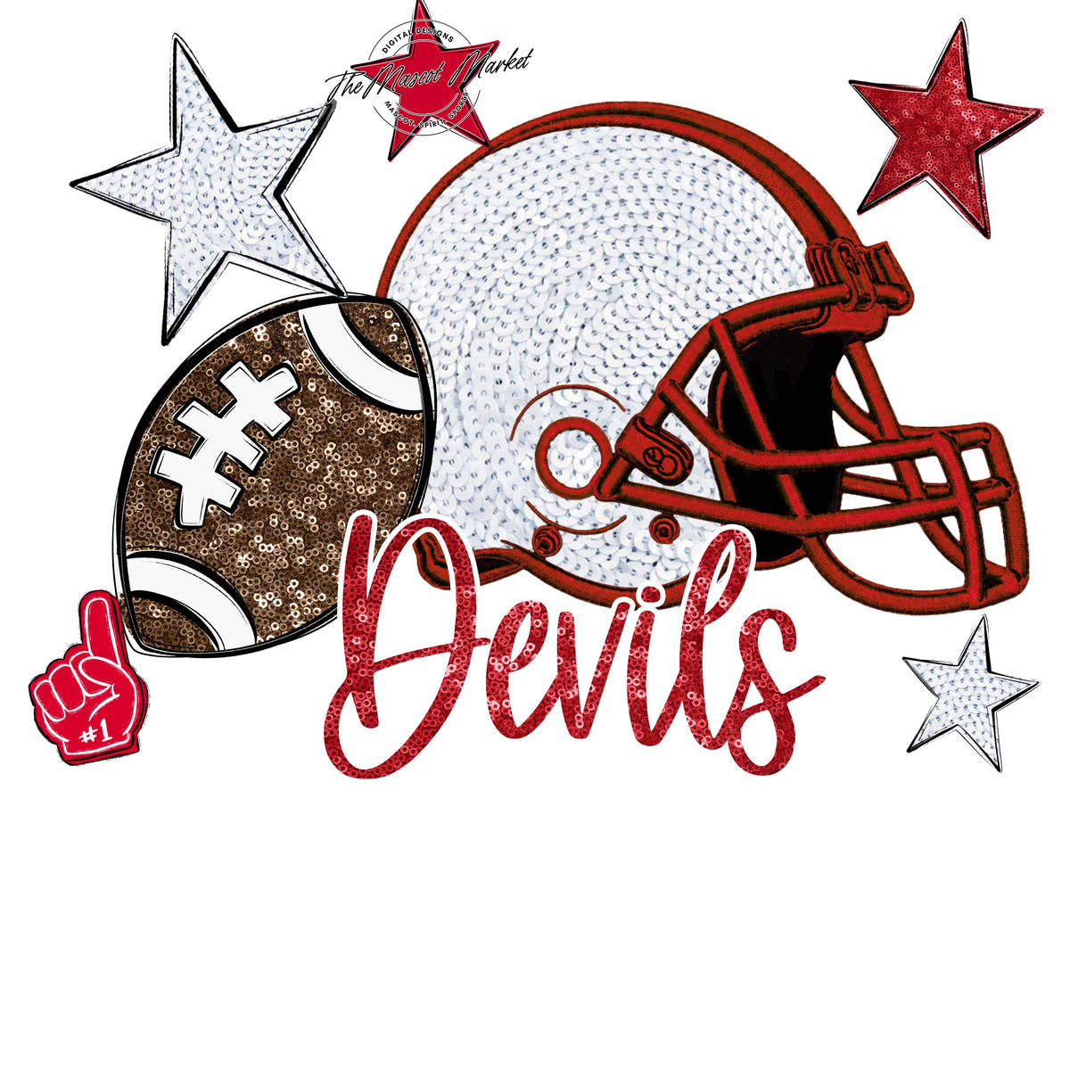 Devils Football Embroidered Sequins Design-Red
