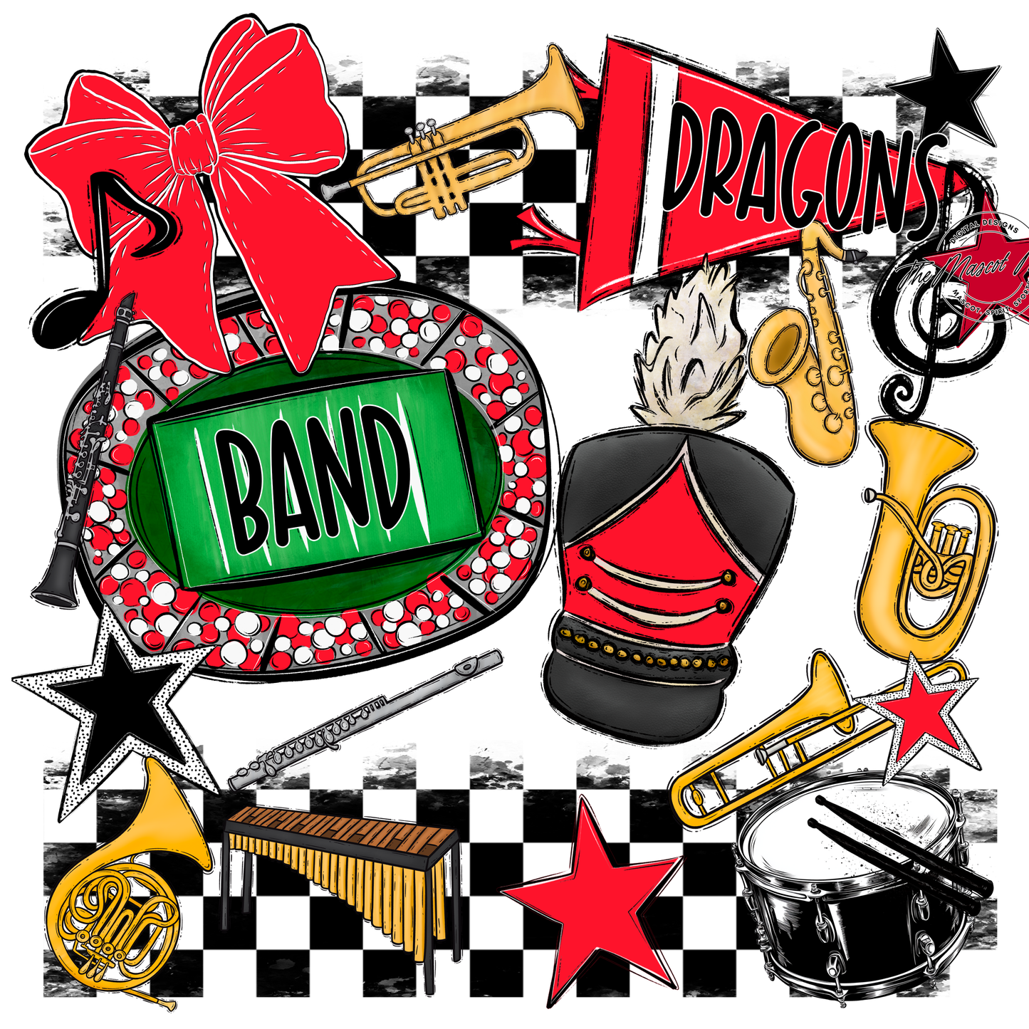 Dragons Checkers Band Spirit Design-Bright Red