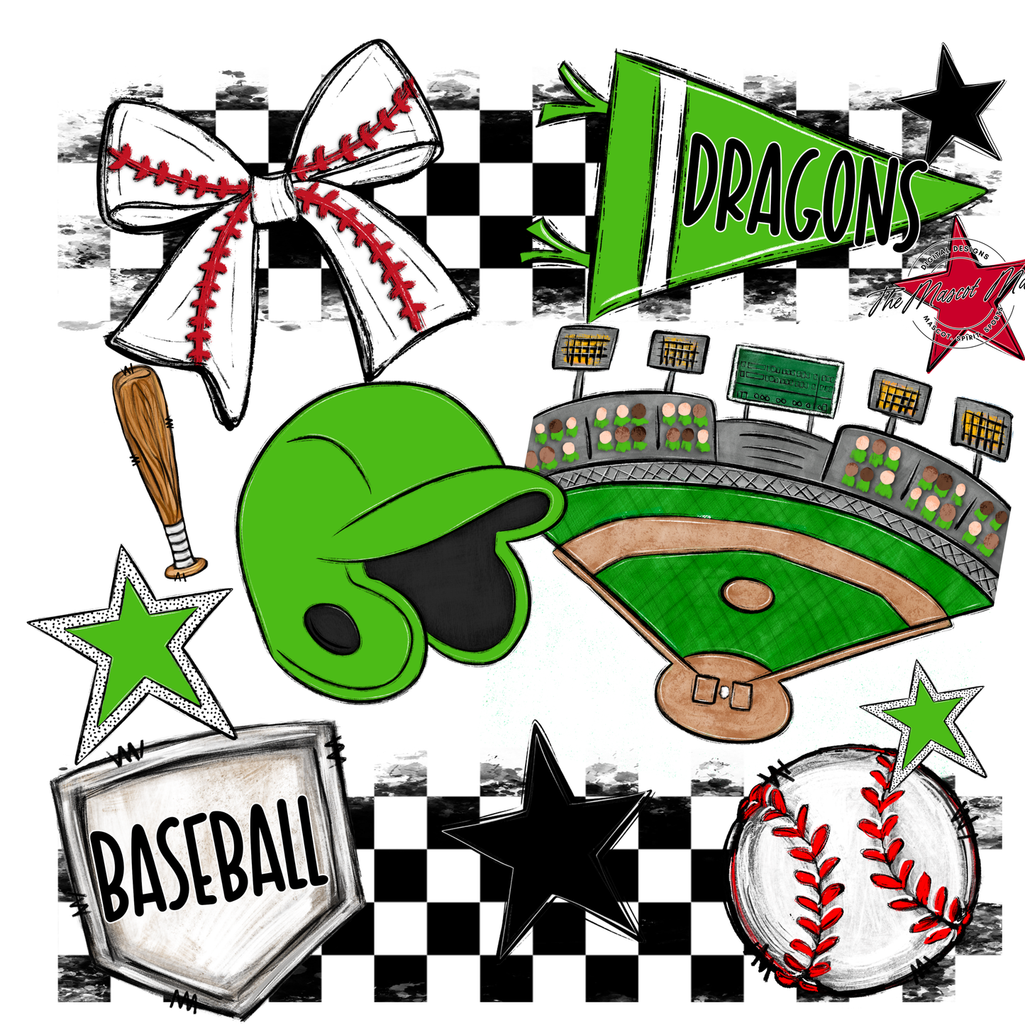 Dragons Checkers Baseball Spirit Design-Bright Green