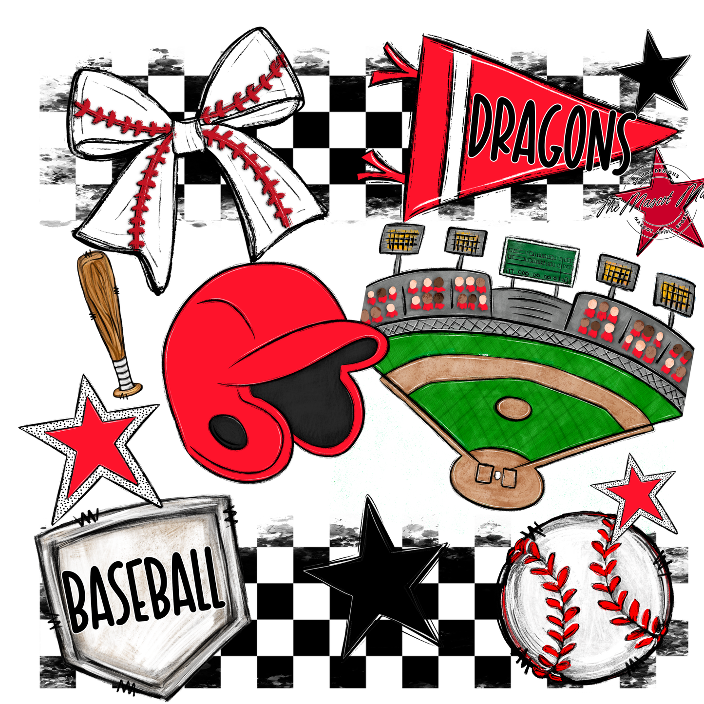 Dragons Checkers Baseball Spirit Design-Bright Red