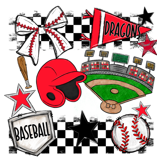 Dragons Checkers Baseball Spirit Design-Bright Red