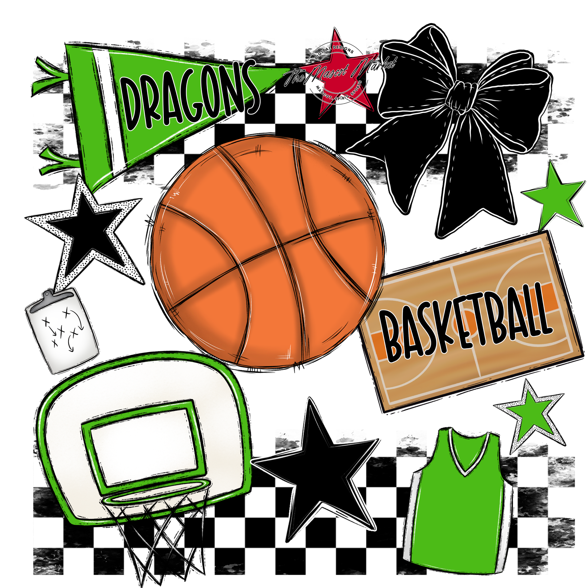 Dragons Checkers Basketball Spirit Design-Bright Green