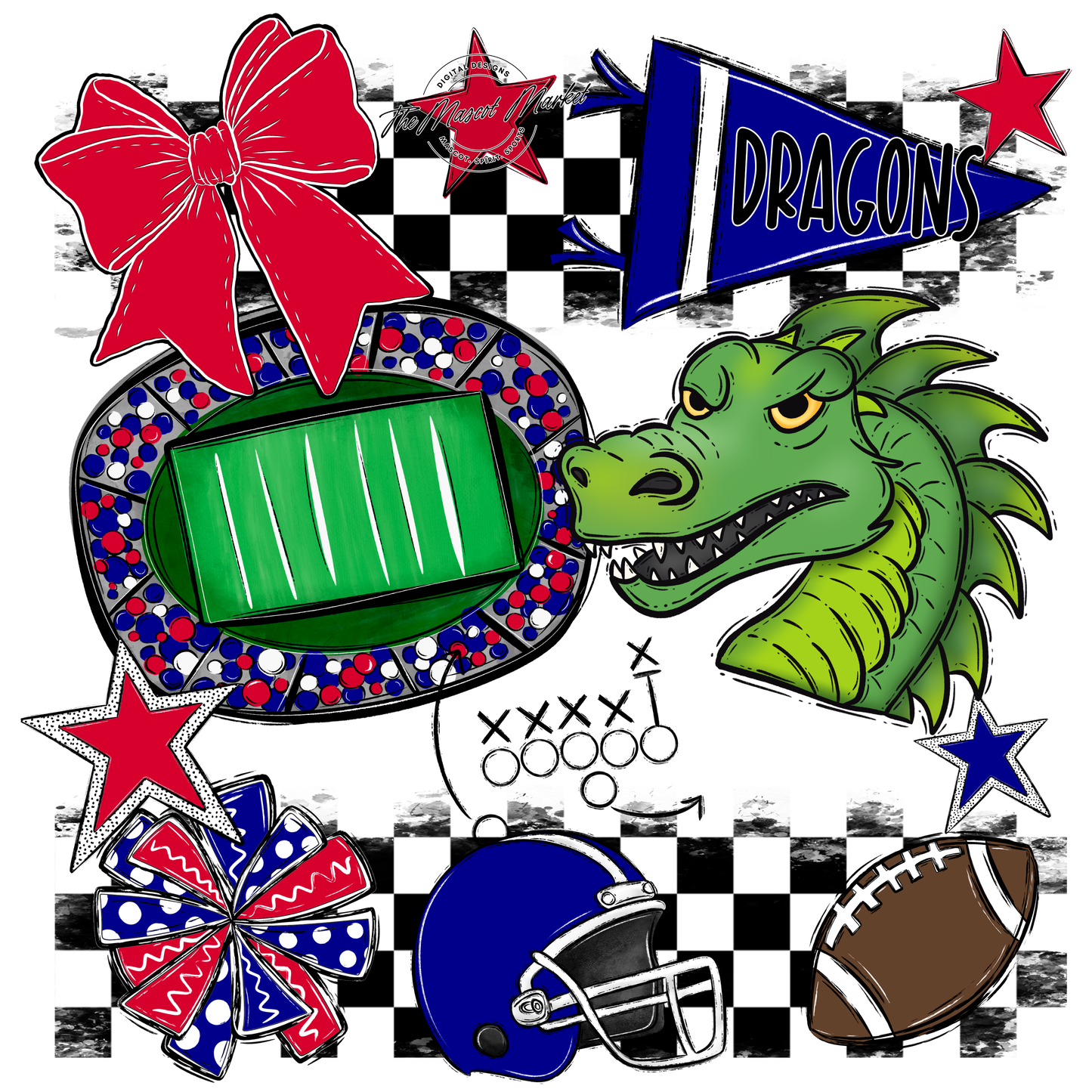 Dragons Checkers Mascot Spirit Design-Blue-Red