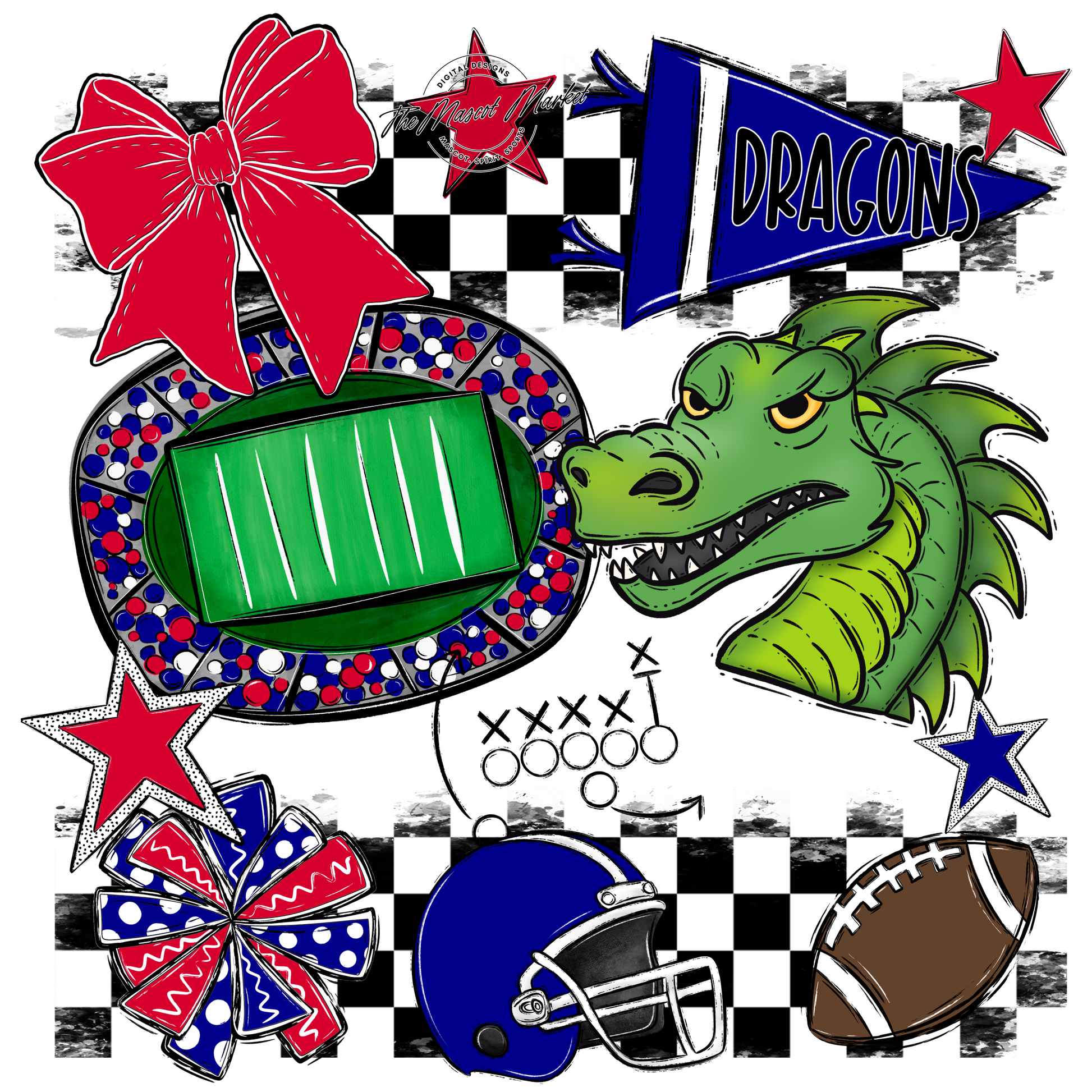 Dragons Checkers Mascot Spirit Design-Blue-Red