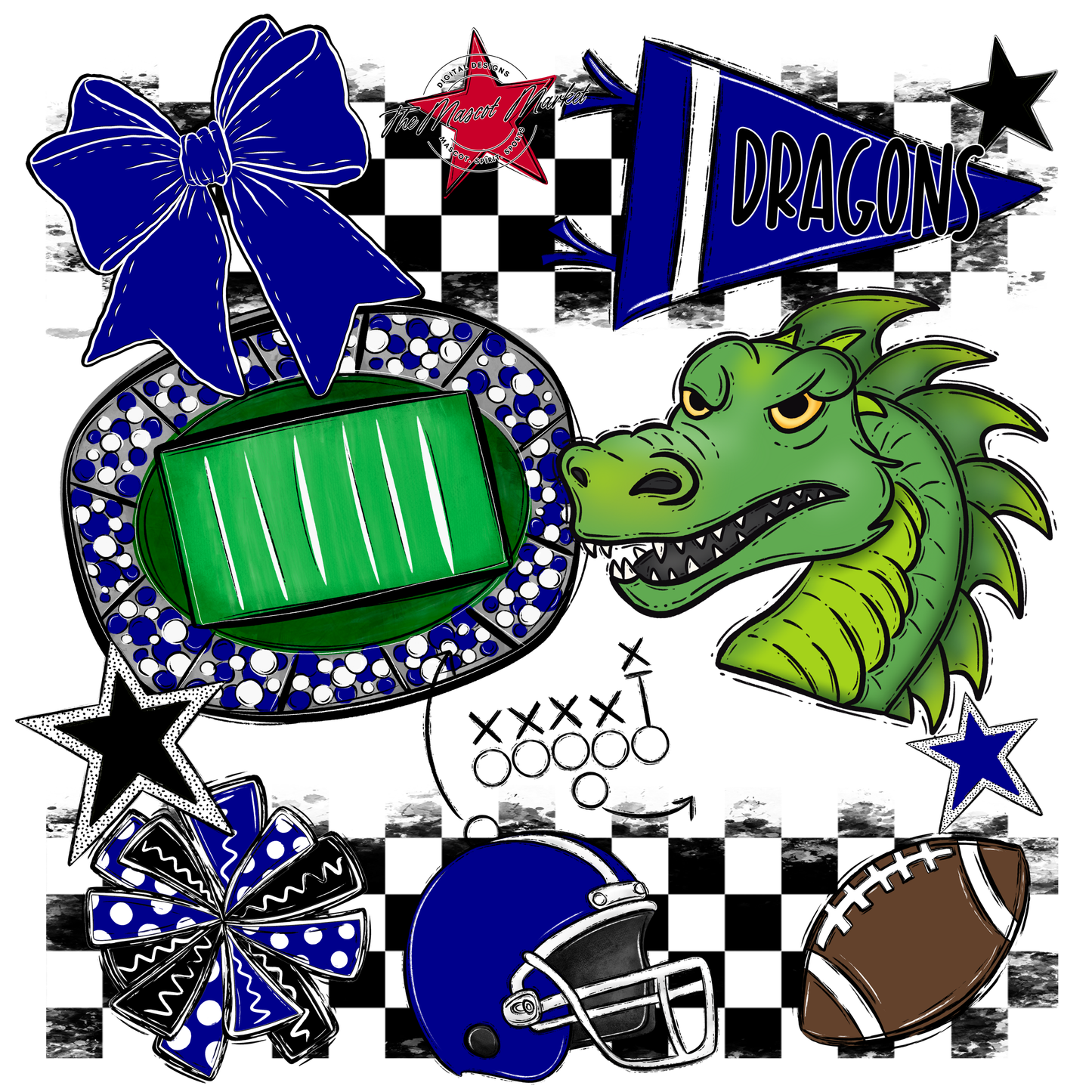 Dragons Checkers Mascot Spirit Design-Blue