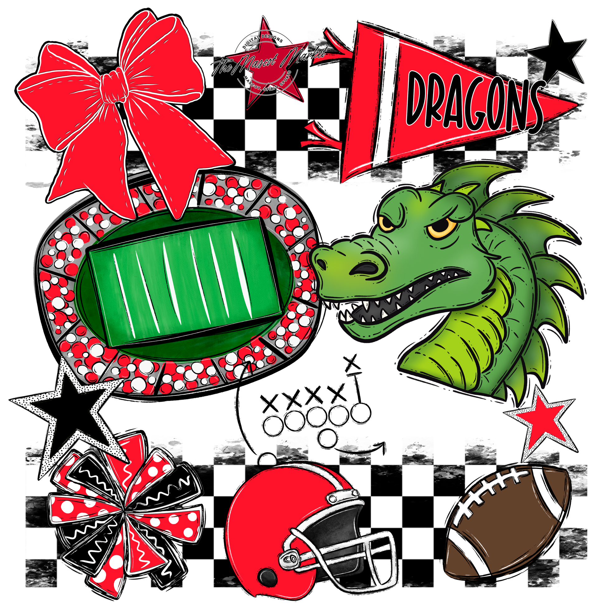 Dragons Checkers Mascot Spirit Design-Bright Red