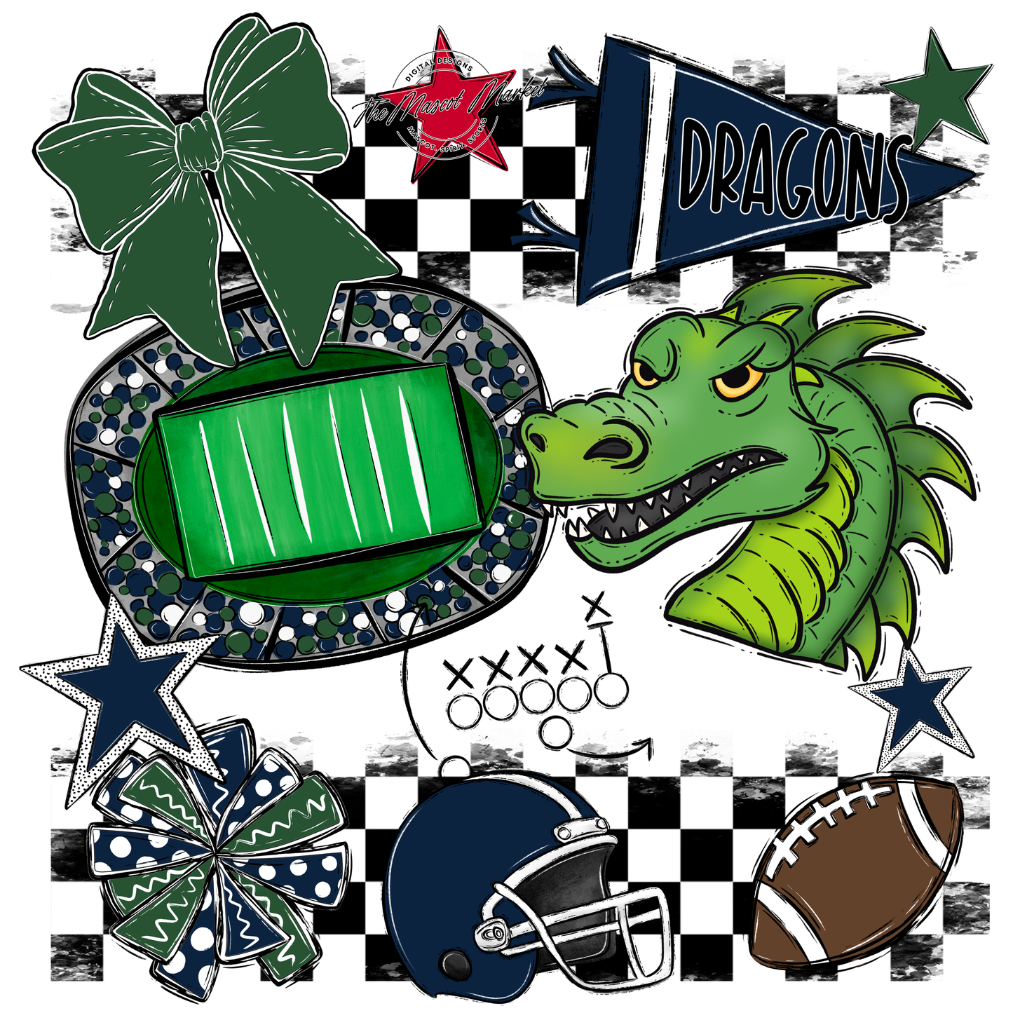 Dragons Checkers Mascot Spirit Design-Navy-Green