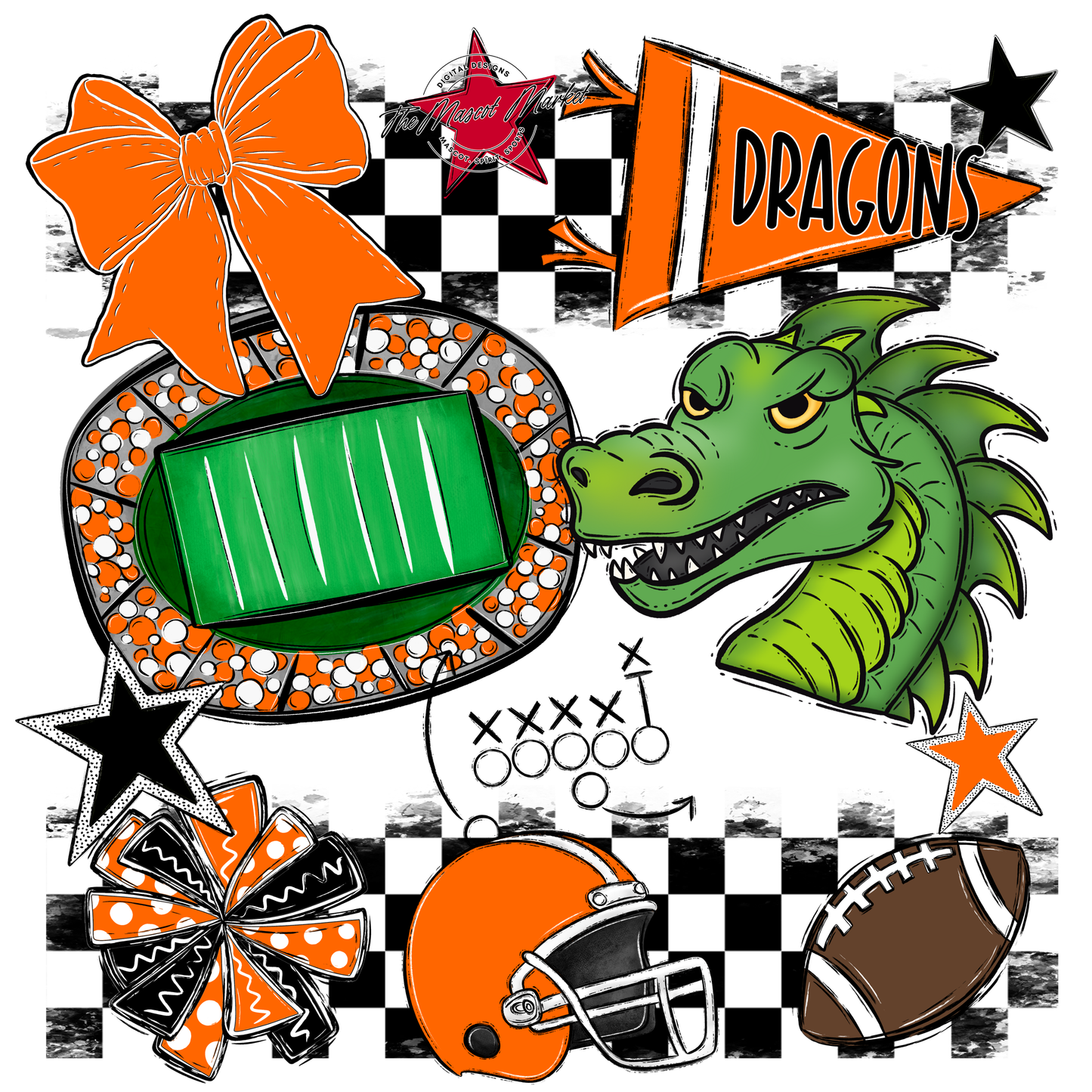 Dragons Checkers Mascot Spirit Design-Orange