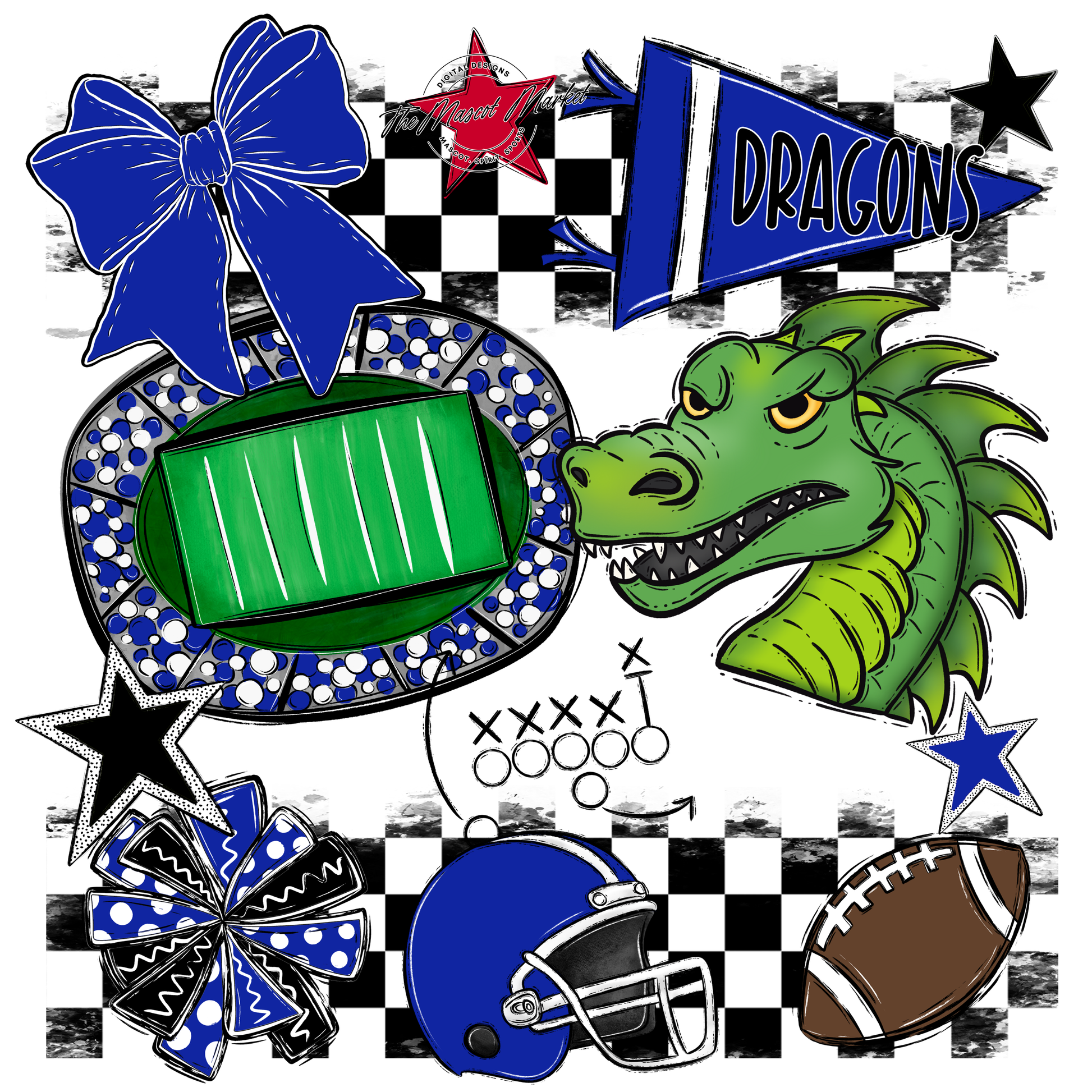Dragons Checkers Mascot Spirit Design-Royal Blue