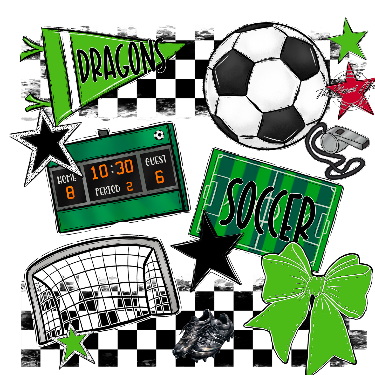 Dragons Checkers Soccer Spirit Design-Bright Green