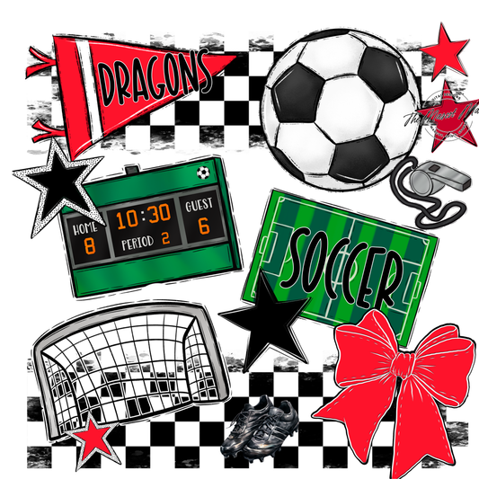 Dragons Checkers Soccer Spirit Design-Bright Red