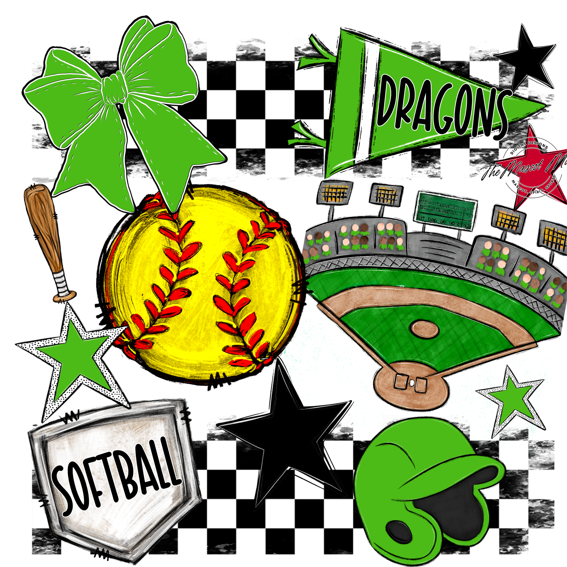 Dragons Checkers Softball Spirit Design-Bright Green