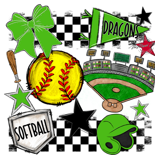 Dragons Checkers Softball Spirit Design-Bright Green