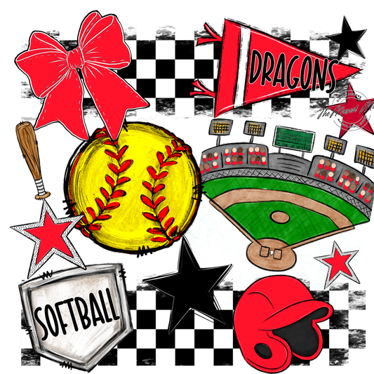 Dragons Checkers Softball Spirit Design-Bright Red