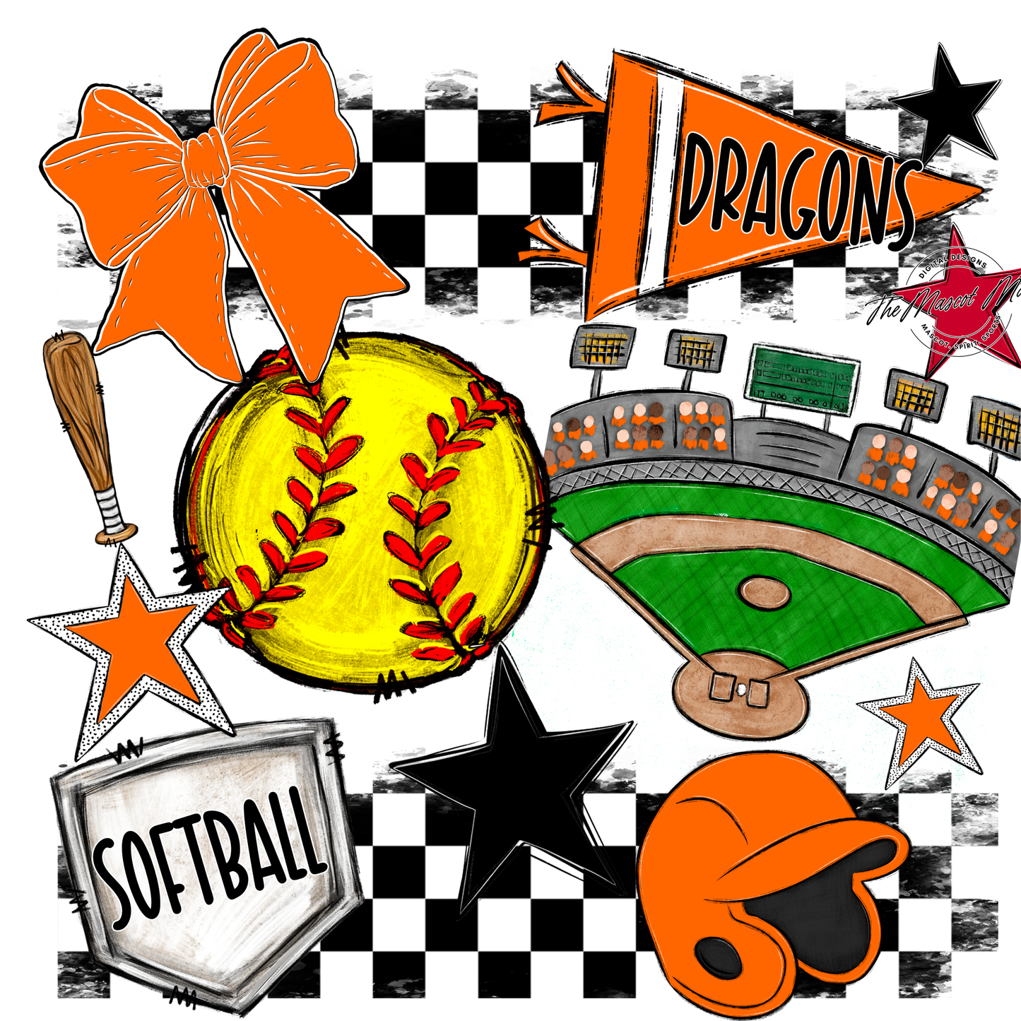 Dragons Checkers Softball Spirit Design-Orange
