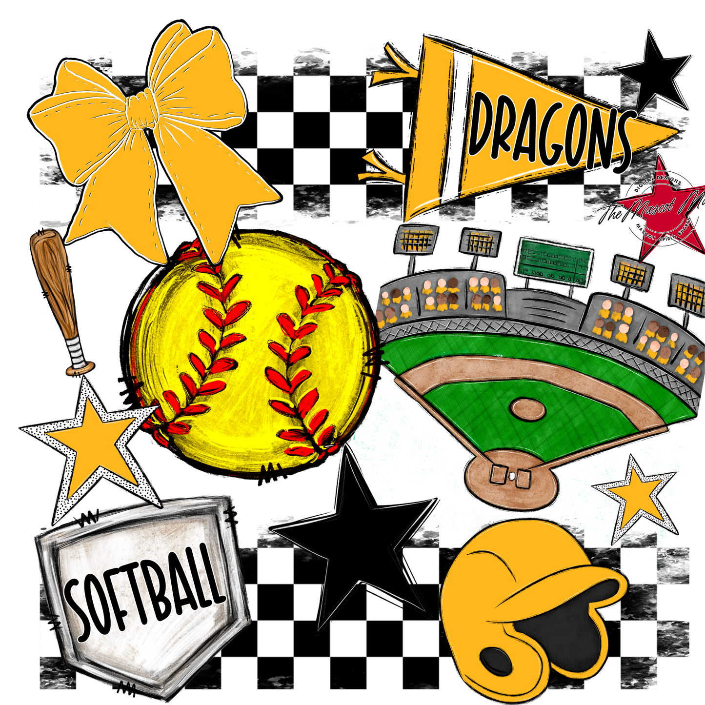 Dragons Checkers Softball Spirit Design-Yellow