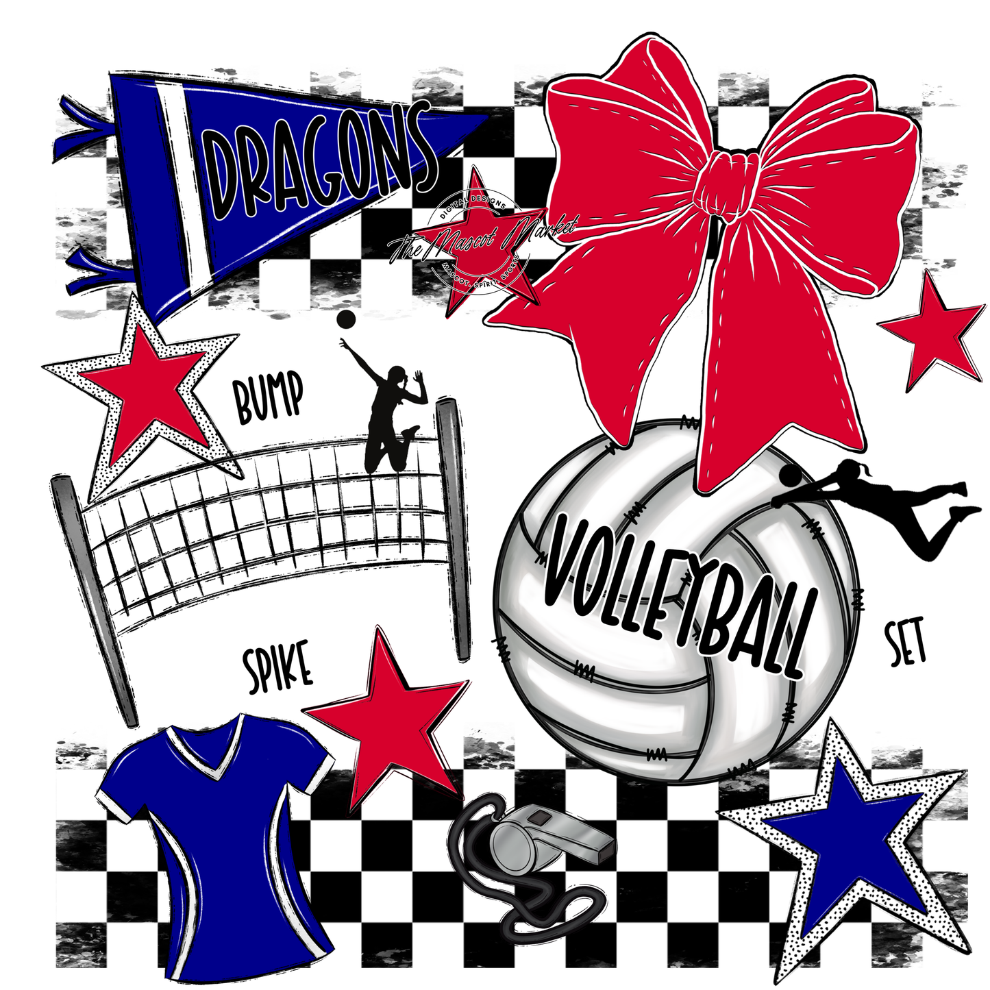 Dragons Checkers Volleyball Spirit Design-Blue-Red