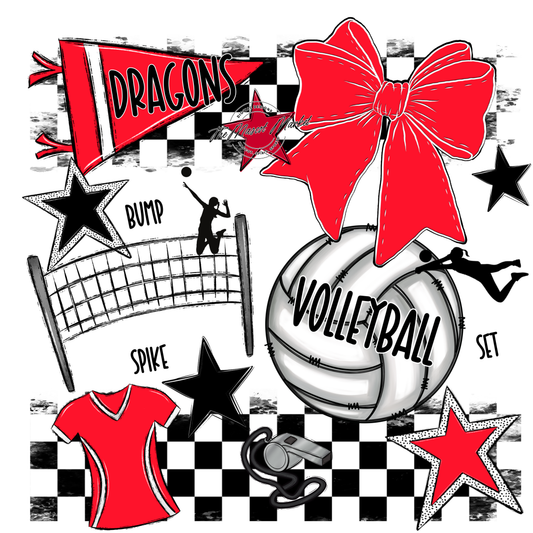Dragons Checkers Volleyball Spirit Design-Bright Red
