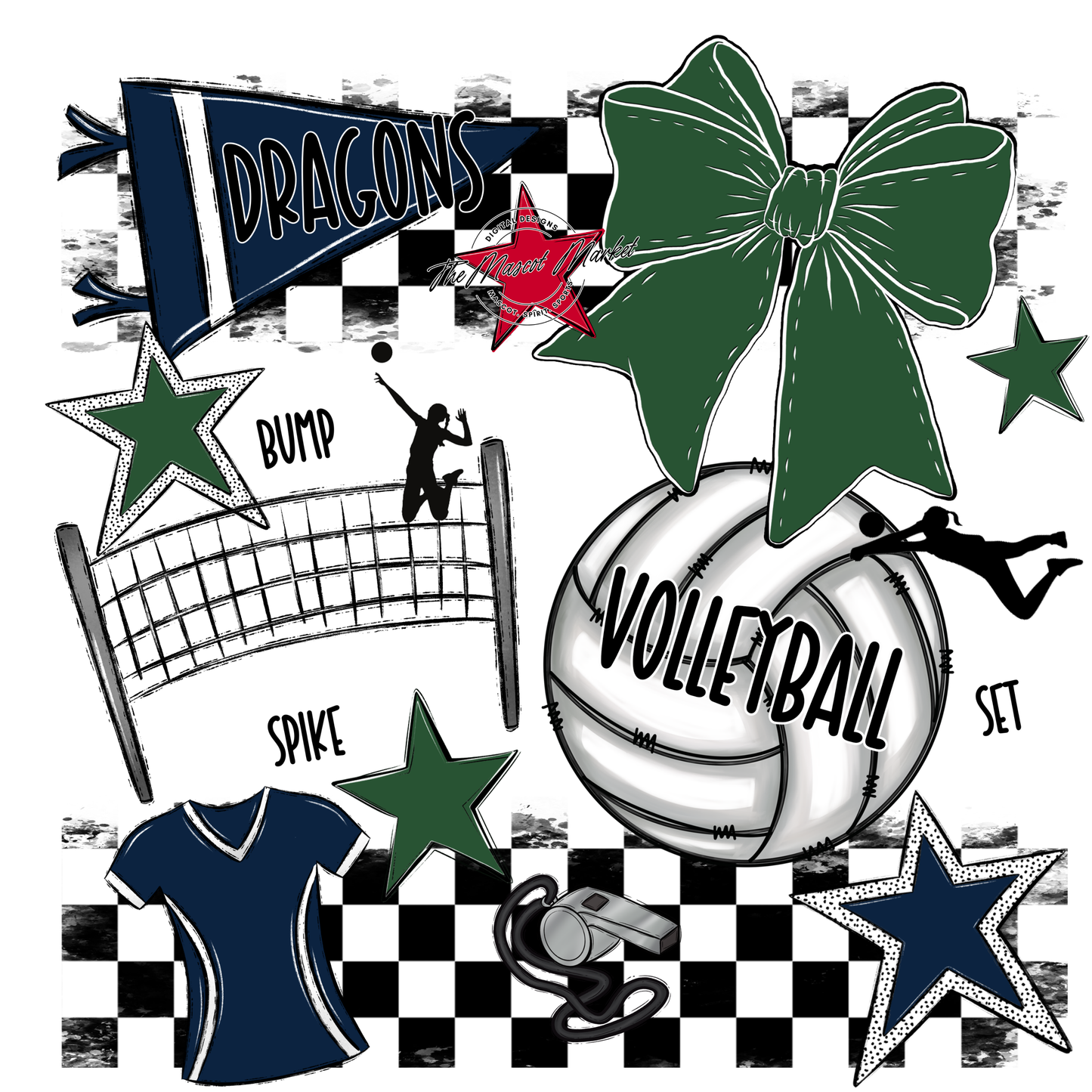 Dragons Checkers Volleyball Spirit Design-Navy-Green