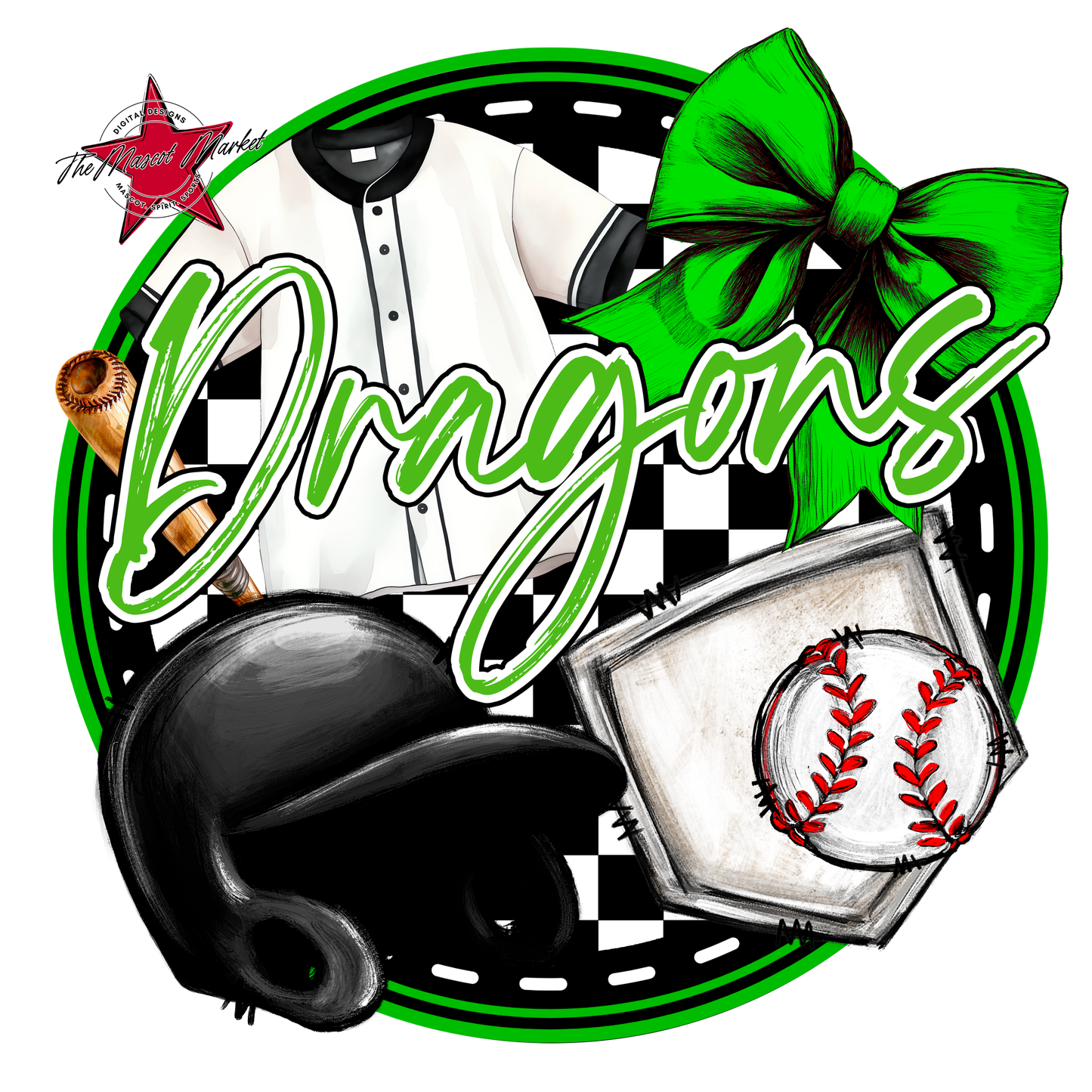 Dragons Circle Baseball Design-Bright Green