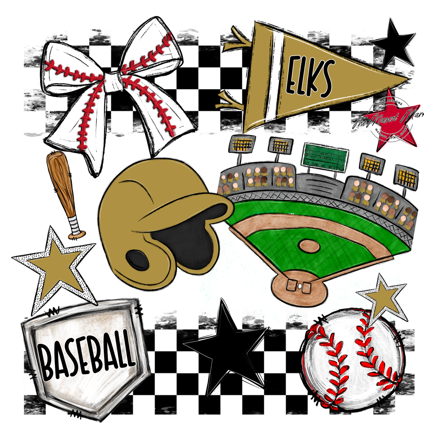 Elks Checkers Baseball Spirit Design-Gold