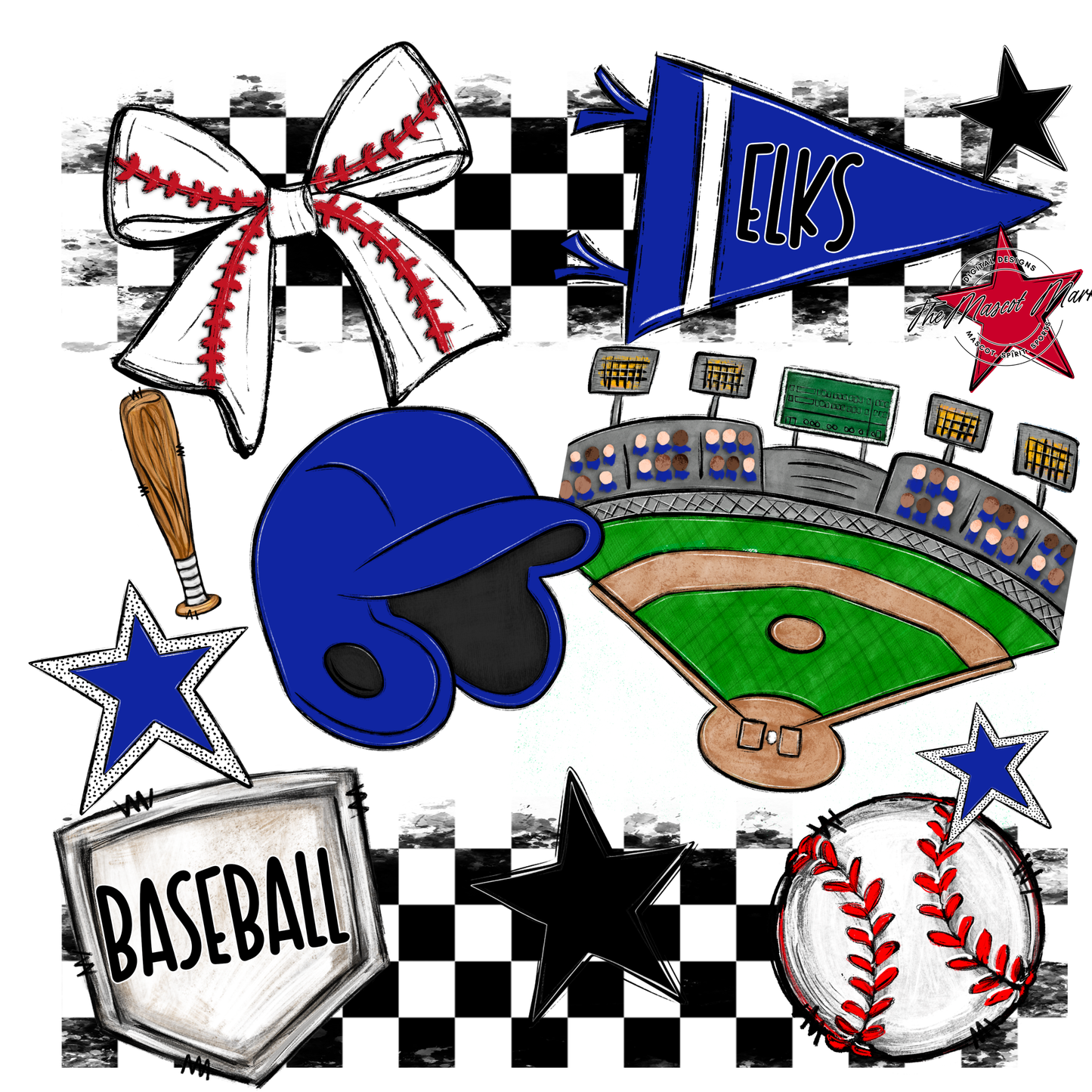 Elks Checkers Baseball Spirit Design-Royal Blue