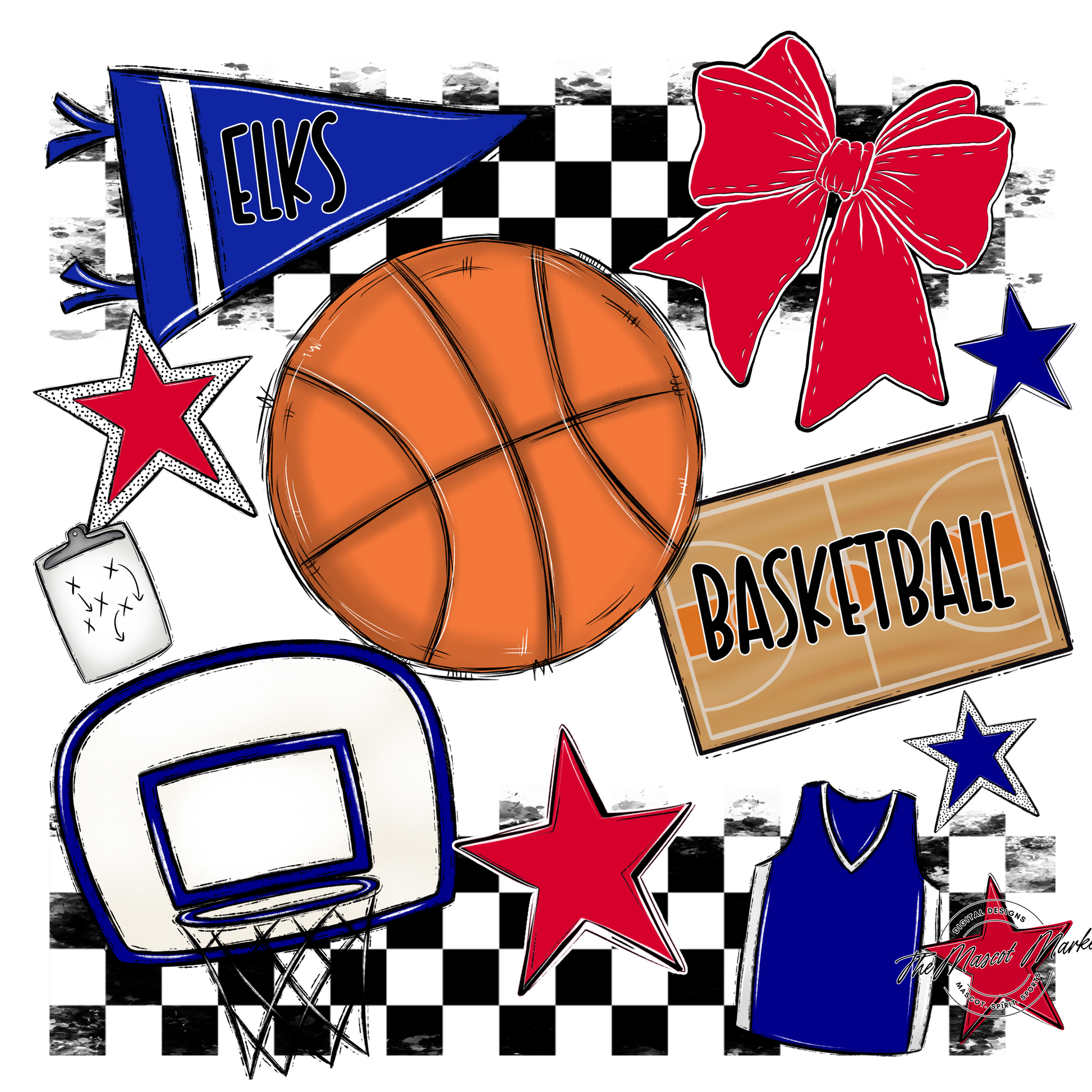 Elks Checkers Basketball Spirit Design-Blue-Red