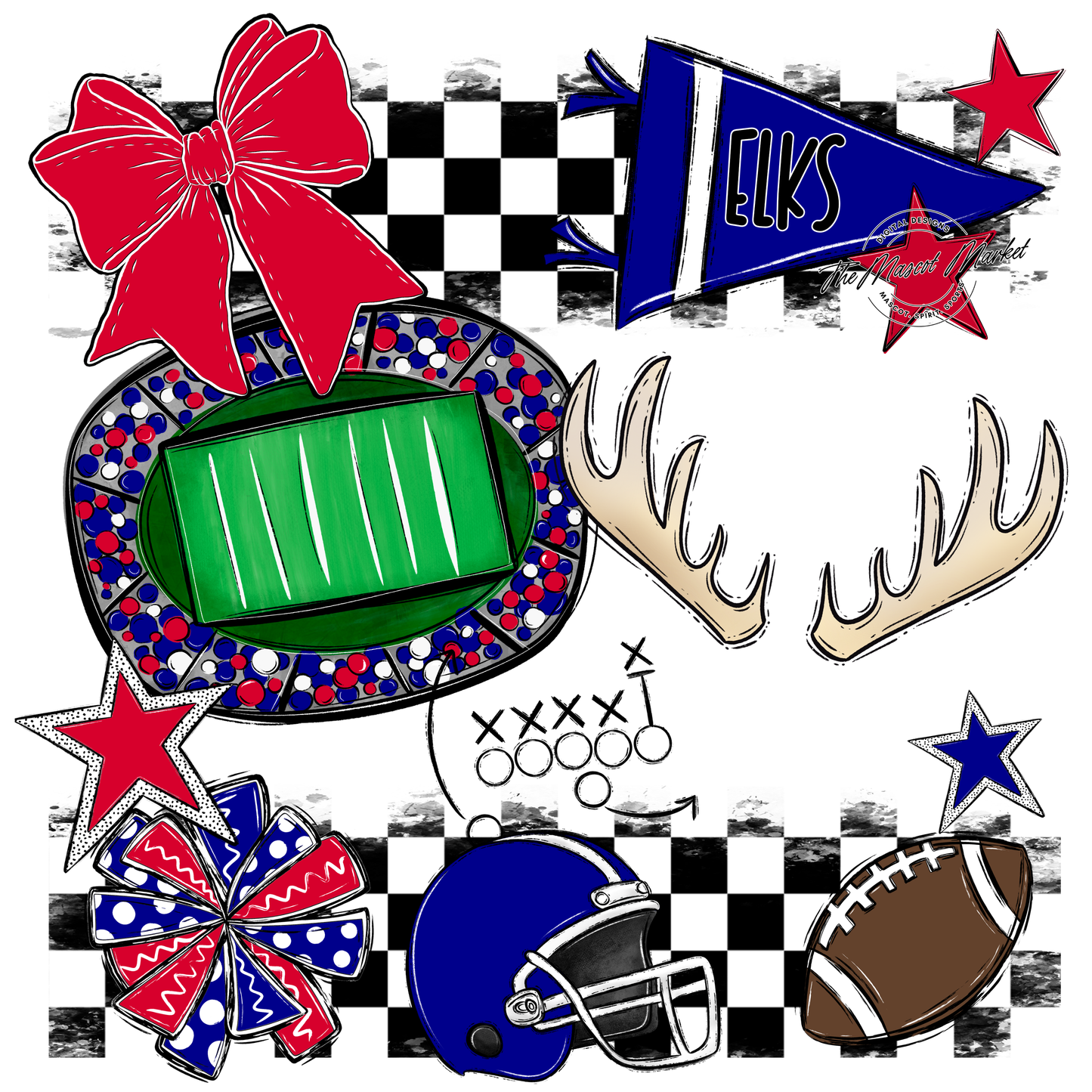 Elks Checkers Mascot Spirit Design-Blue-Red