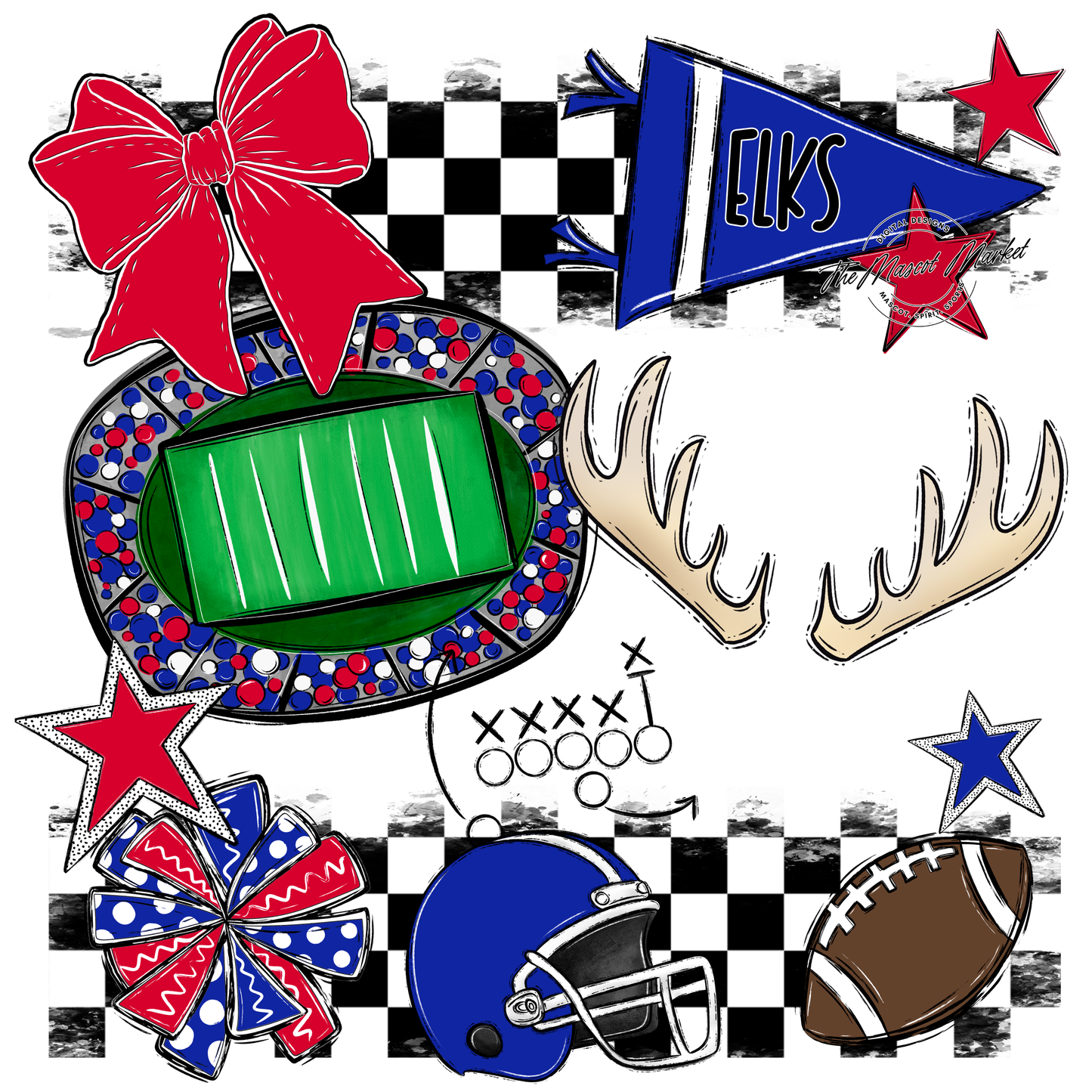 Elks Checkers Mascot Spirit Design-Royal Blue-Red