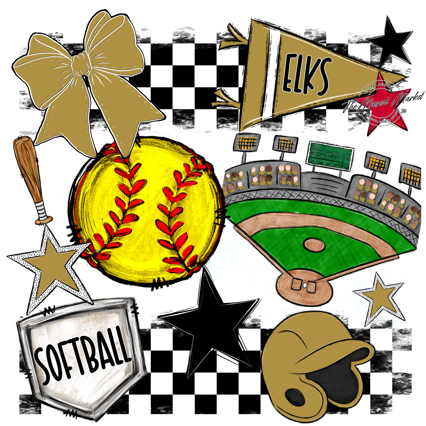 Elks Checkers Softball Spirit Design-Gold