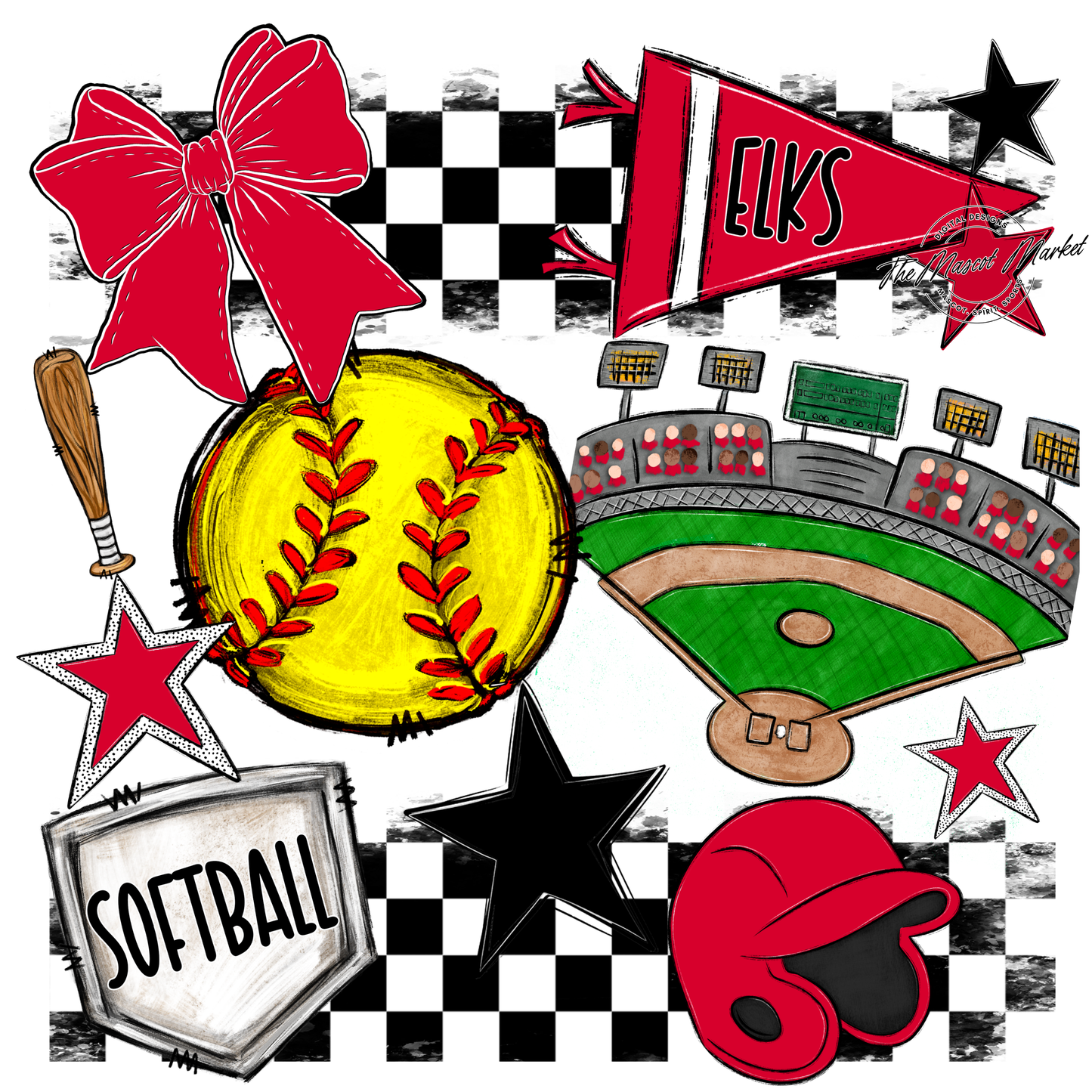 Elks Checkers Softball Spirit Design-Red