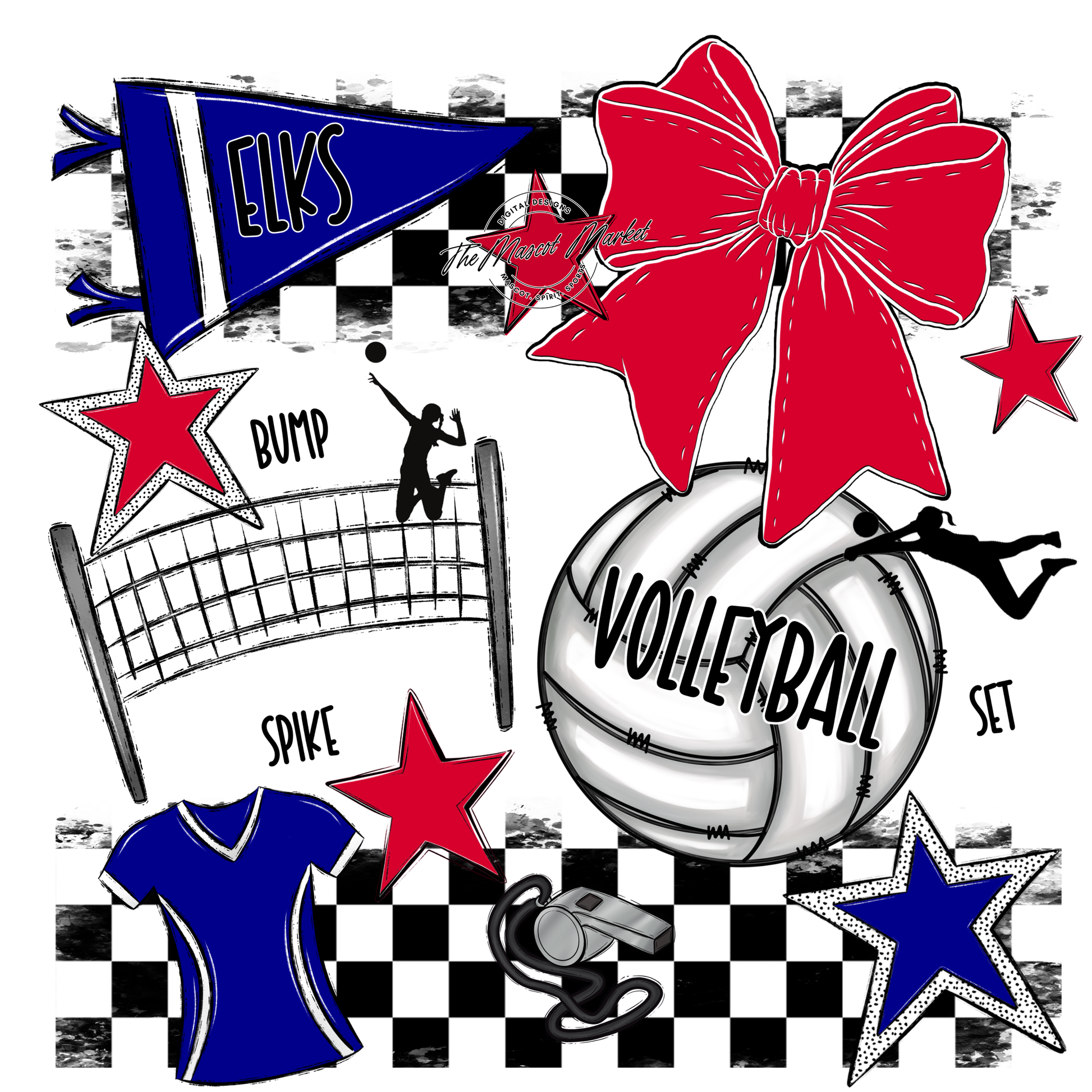 Elks Checkers Volleyball Spirit Design-Blue-Red