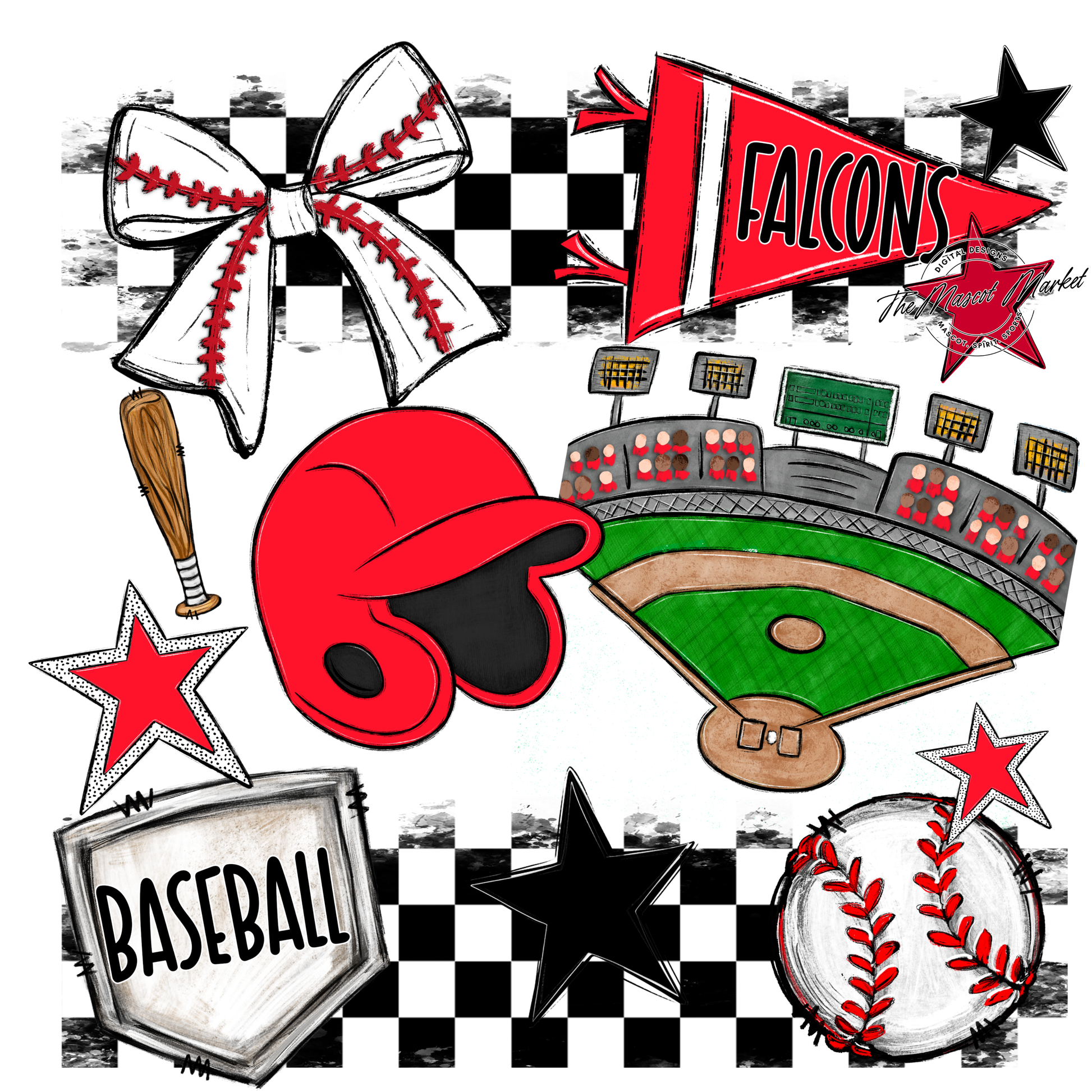 Falcons Checkers Baseball Spirit Design-Bright Red