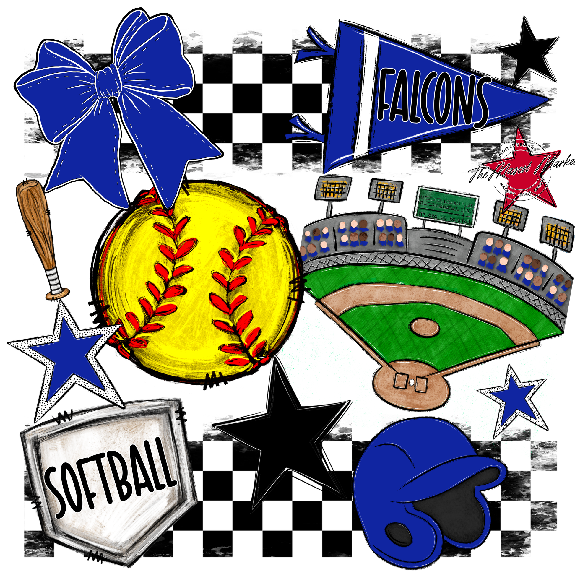 Falcons Checkers Softball Spirit Design-Royal Blue