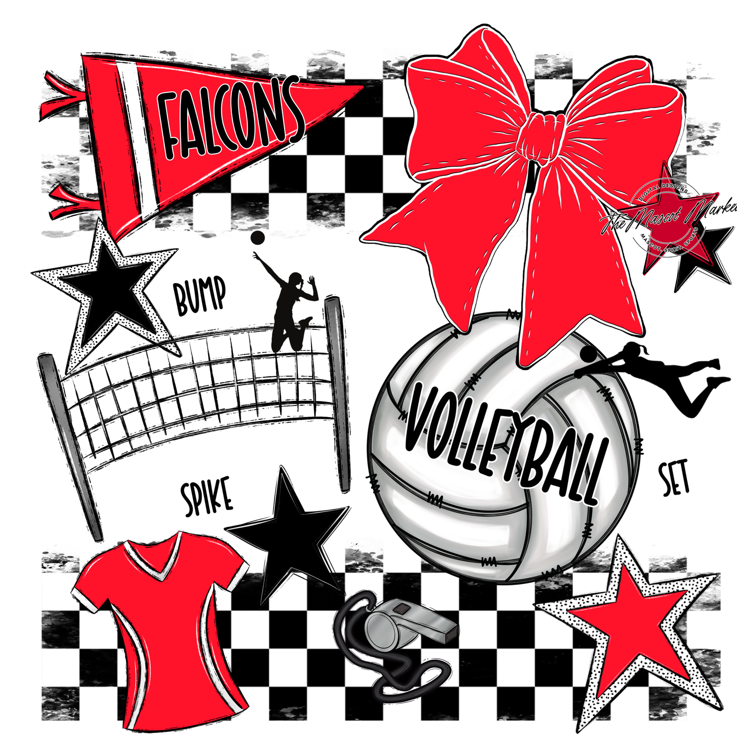 Falcons Checkers Volleyball Spirit Design-Bright Red