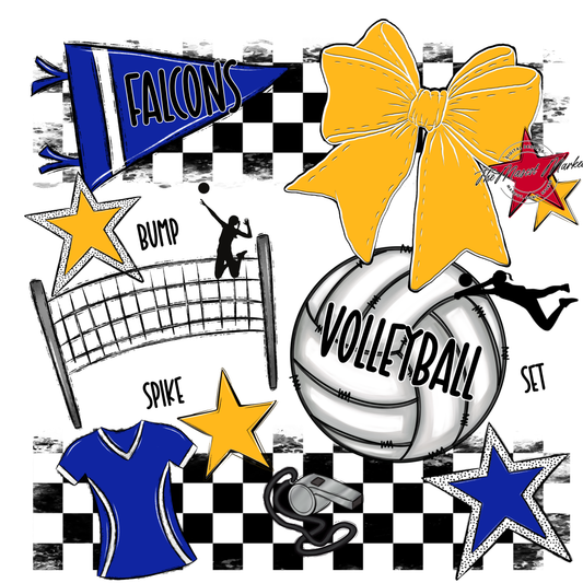 Falcons Checkers Volleyball Spirit Design-Royal Blue-Yellow