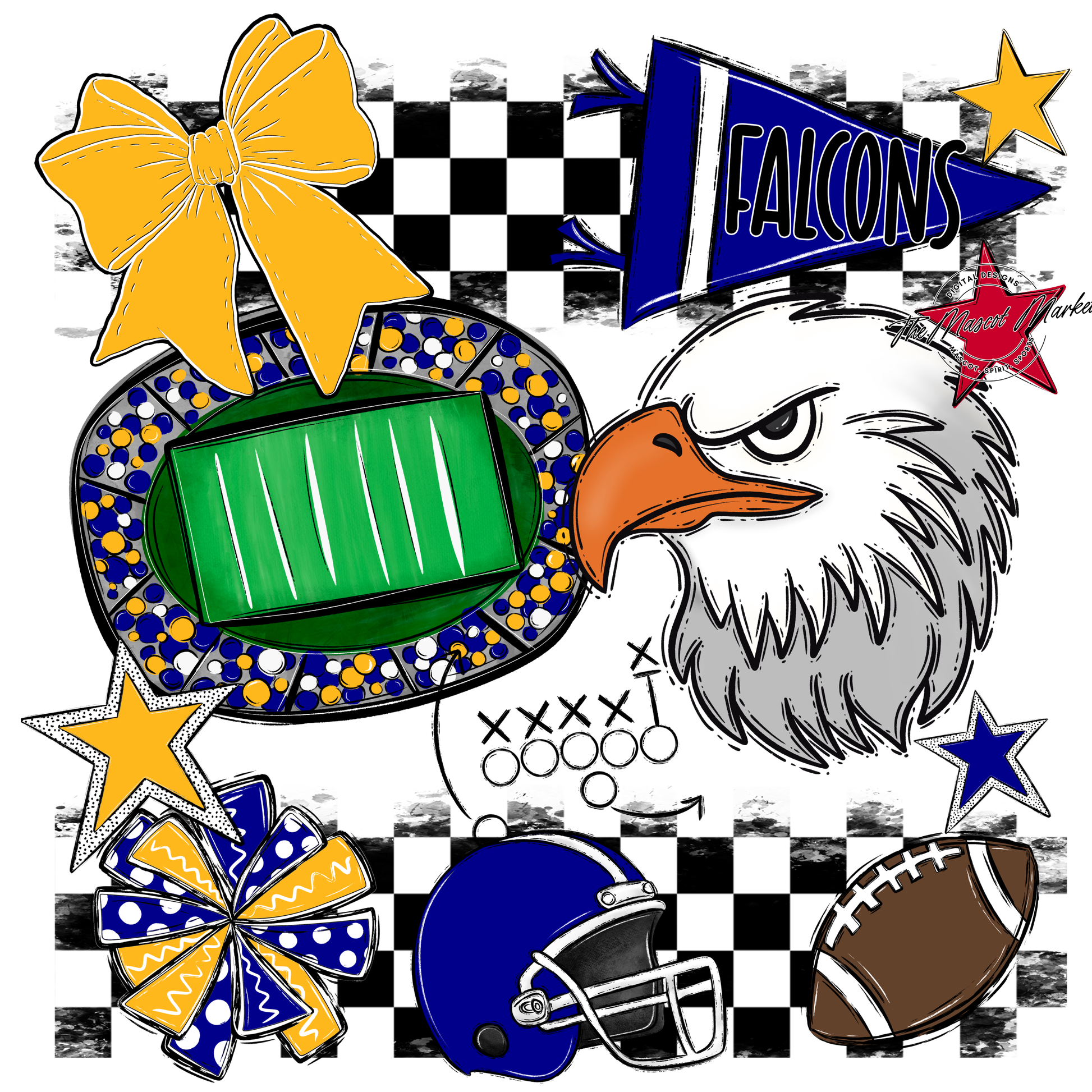 Falcons Checkers Mascot Spirit Design-Blue-Yellow