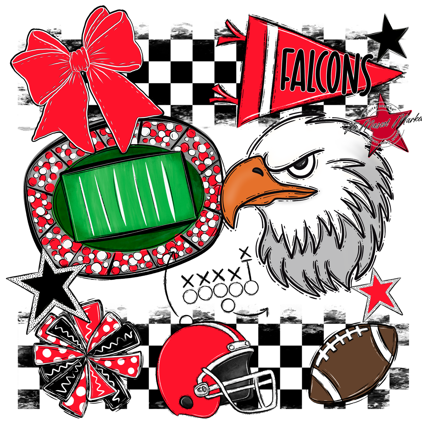 Falcons Checkers Mascot Spirit Design-Bright Red