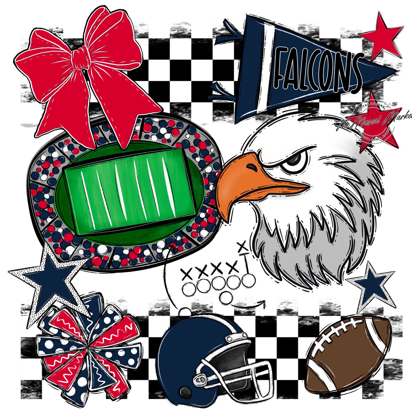 Falcons Checkers Mascot Spirit Design-Navy-Red
