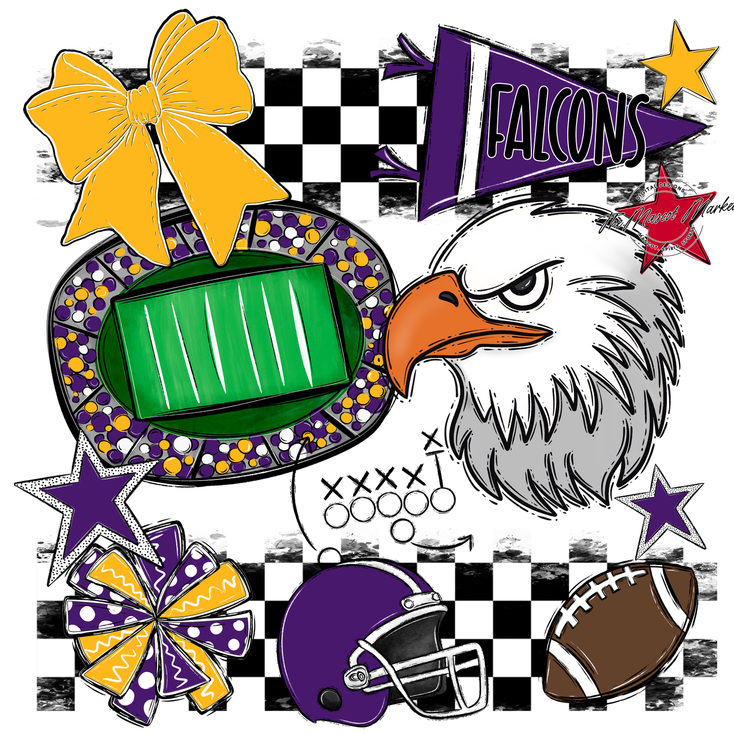 Falcons Checkers Mascot Spirit Design-Purple-Yellow