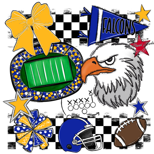 Falcons Checkers Mascot Spirit Design-Royal Blue-Yellow