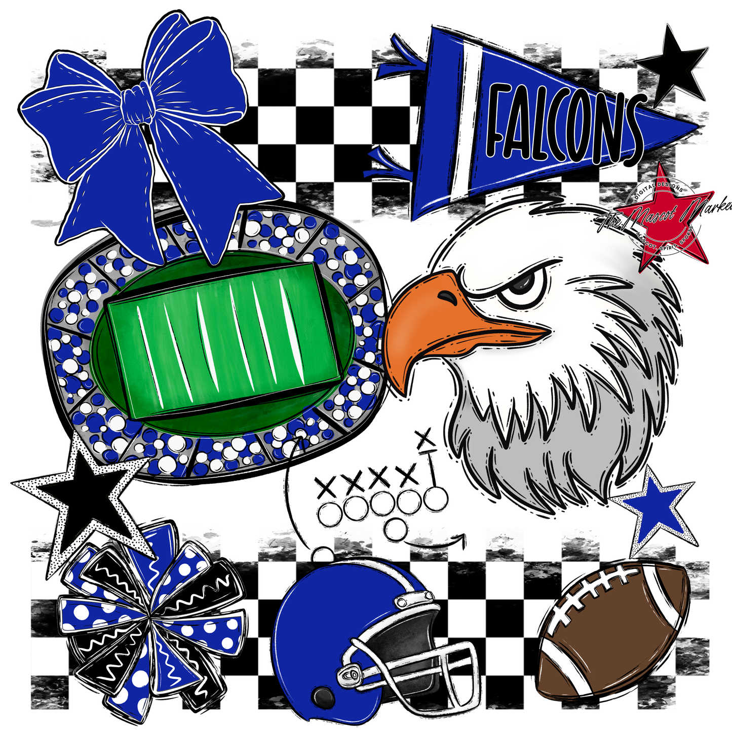 Falcons Checkers Mascot Spirit Design-Royal Blue