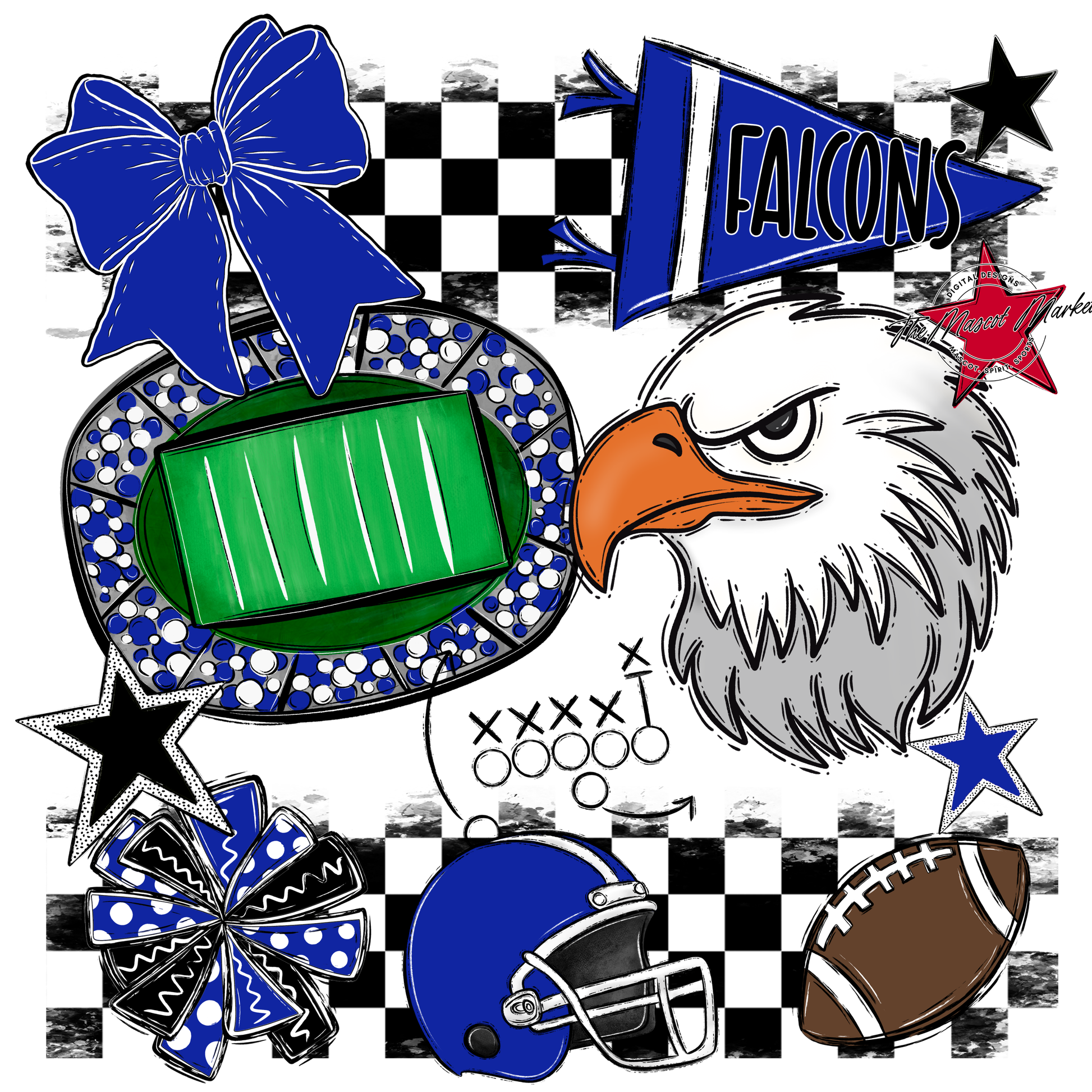 Falcons Checkers Mascot Spirit Design-Royal Blue