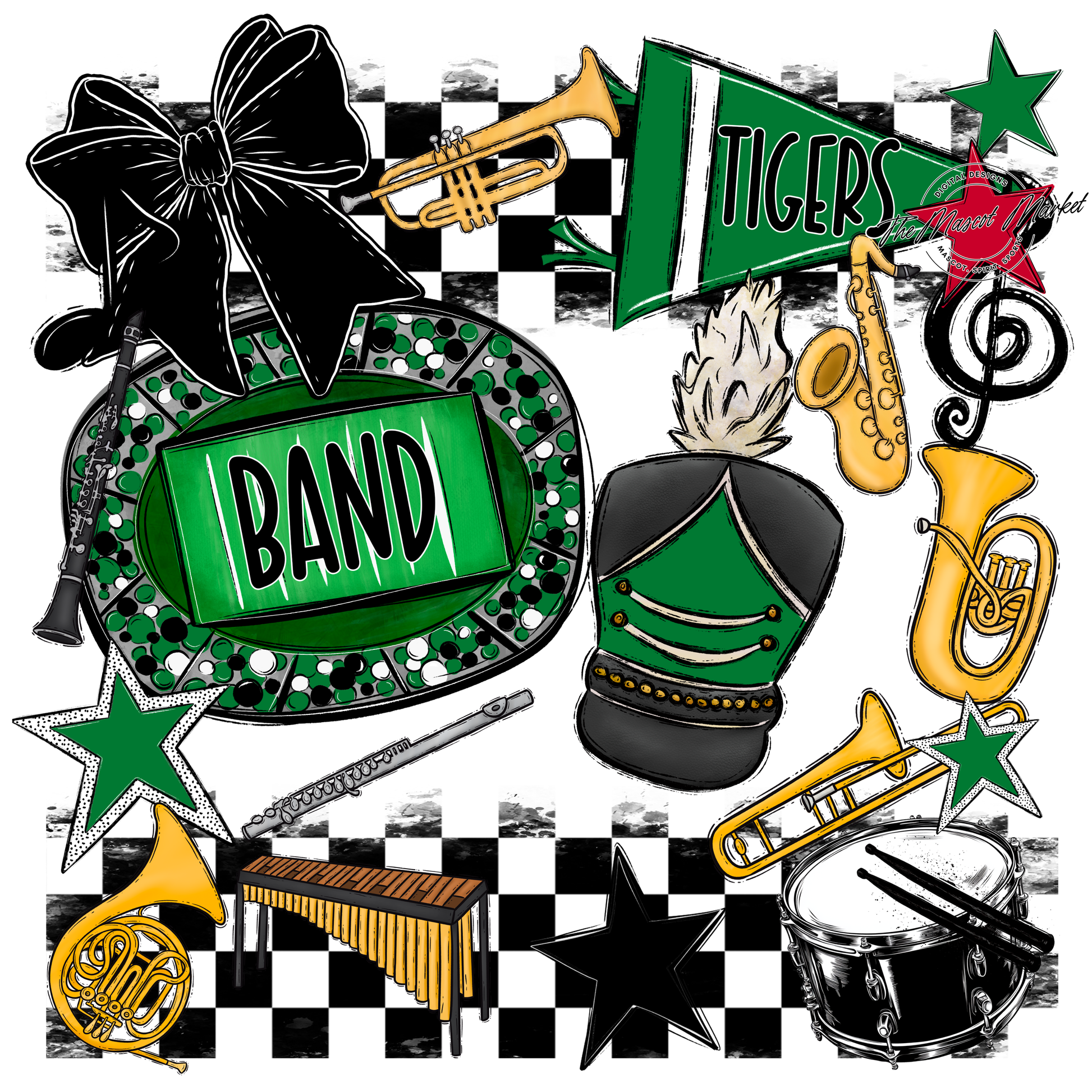 Foxes Checkers Band Spirit Design-Kelly Green