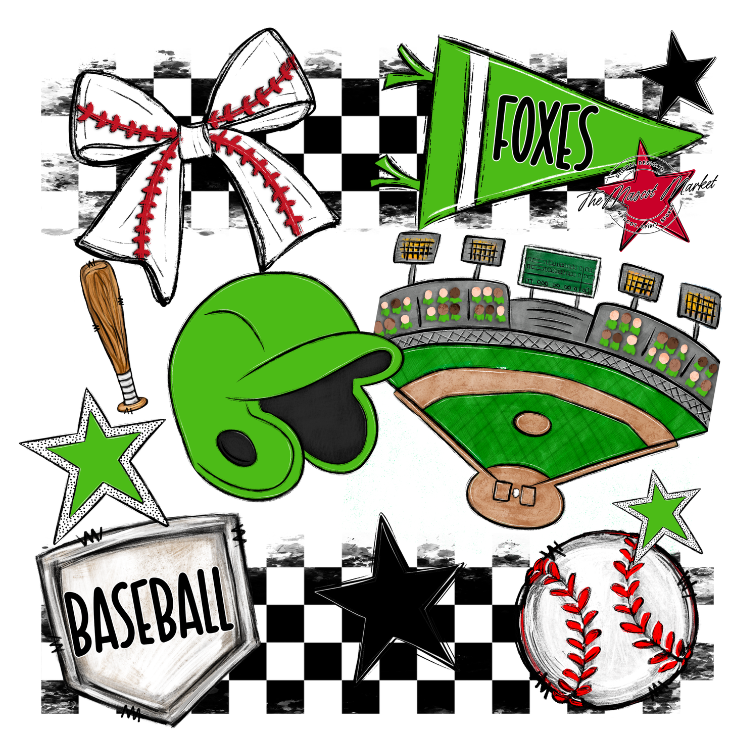 Foxes Checkers Baseball Spirit Design-Bright Green